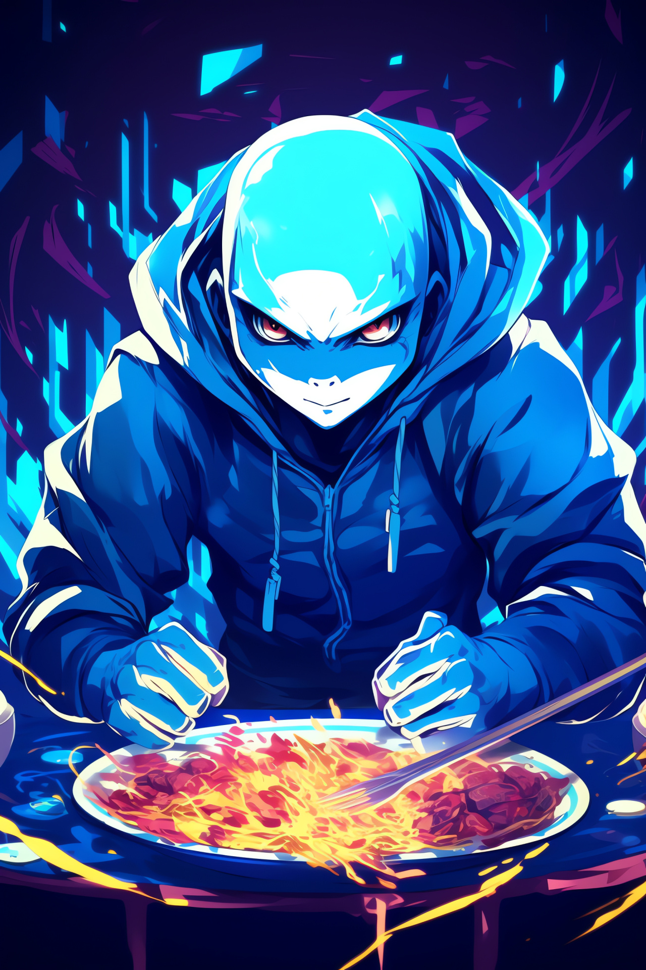 Undertale beloved Sans, eccentric skeleton, animated shapes, neon aura, cyberspace ambiance, HD Phone Wallpaper