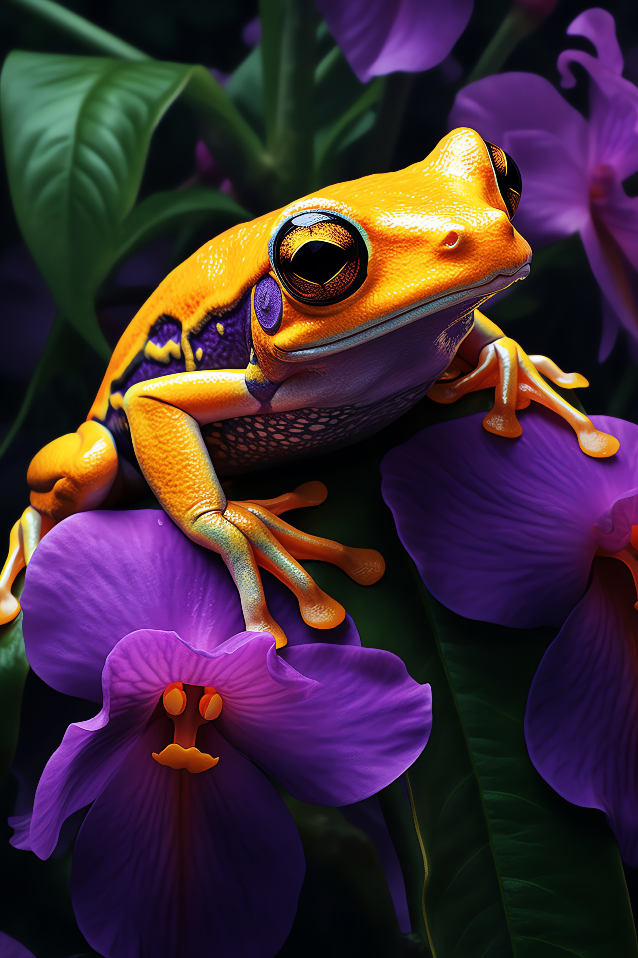 Amphibian pose, Canary epidermis, Obsidian gaze, Violet petal, Textured amphibian, HD Phone Image