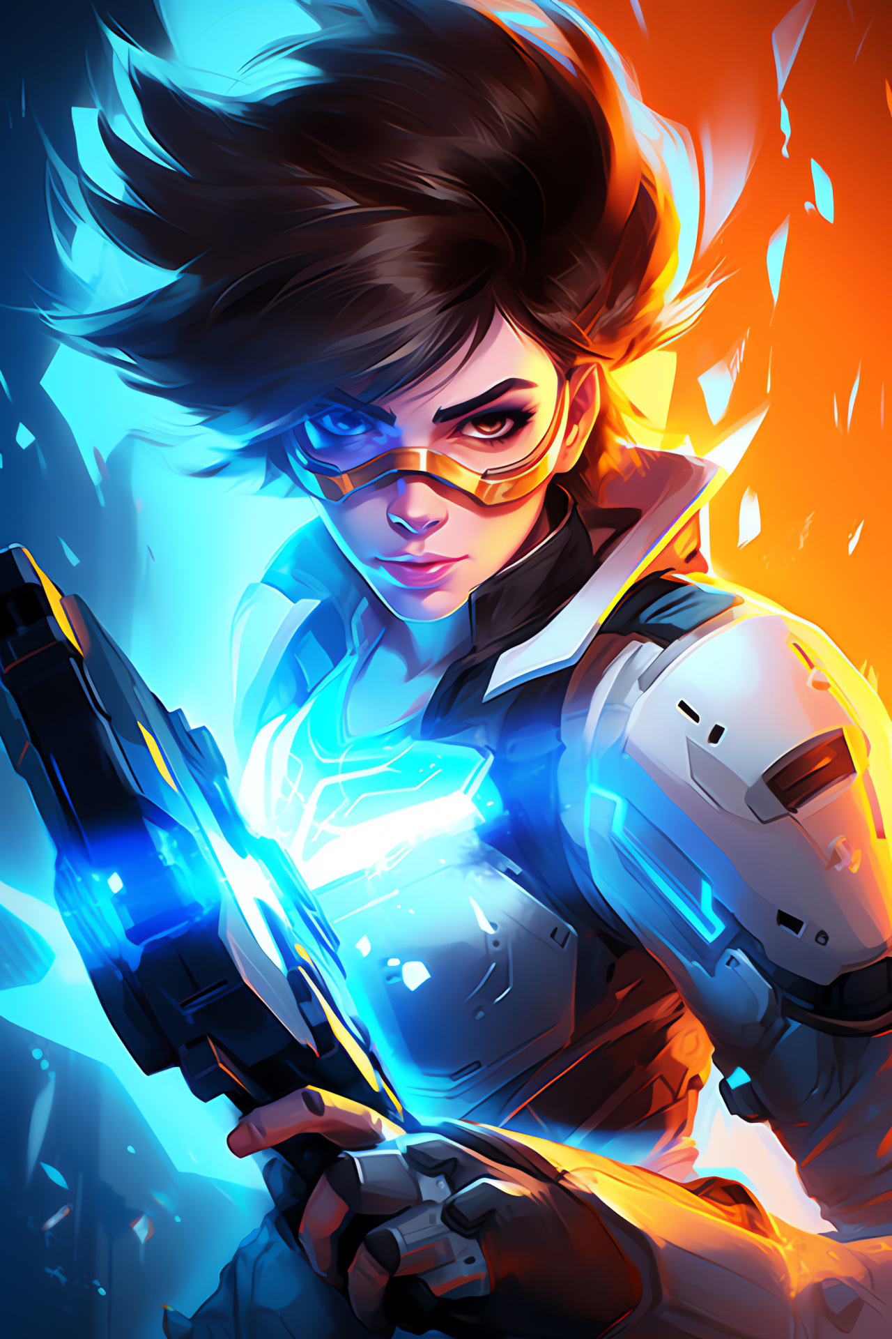 Tracer in combat, Overwatch protagonist, Animated combat, Sci-fi theme, Android adversaries, HD Phone Wallpaper