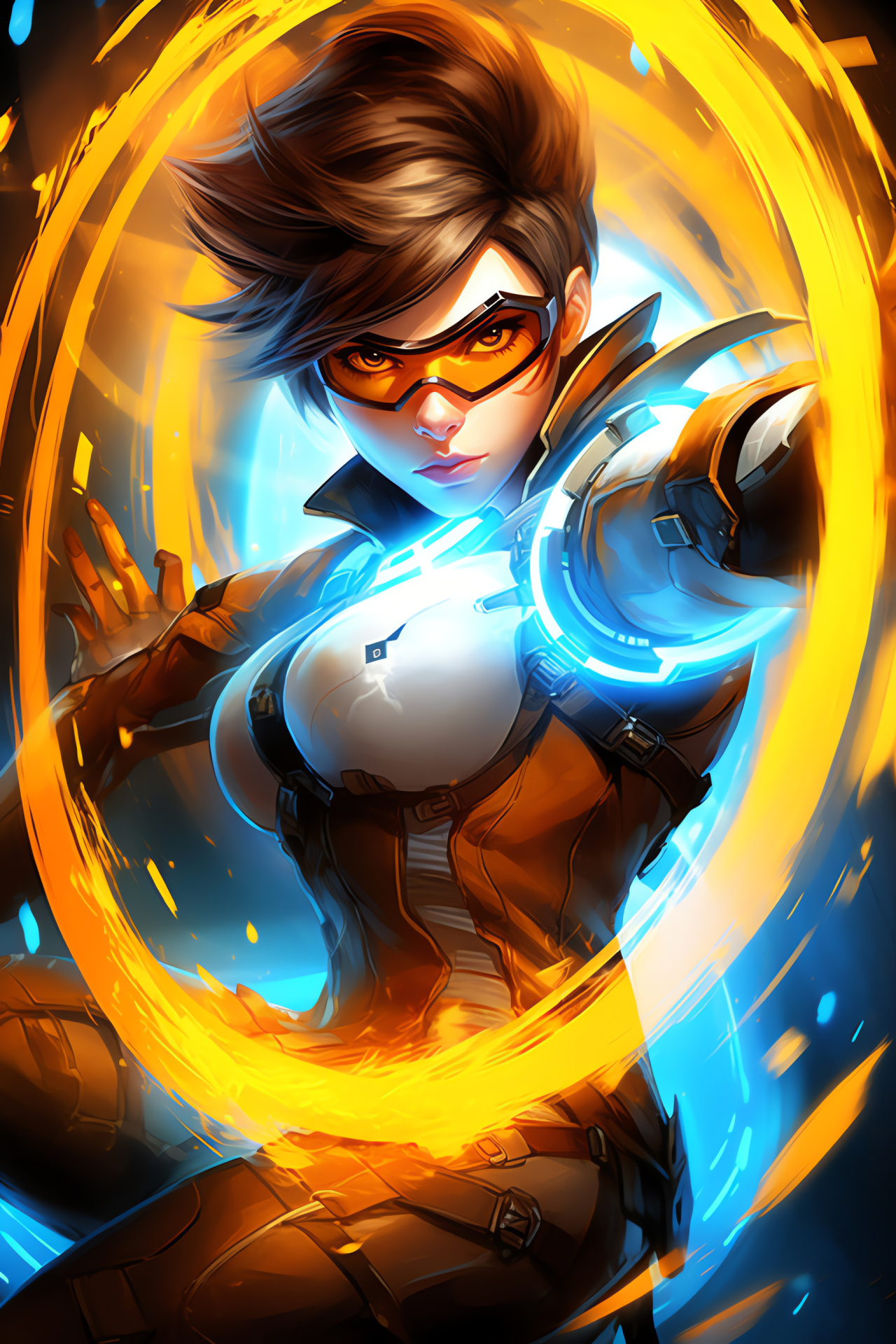 Overwatch time traveler Tracer, Backdrop fusion, Dimensional voyager, Signature posture, Gaming impression, HD Phone Wallpaper
