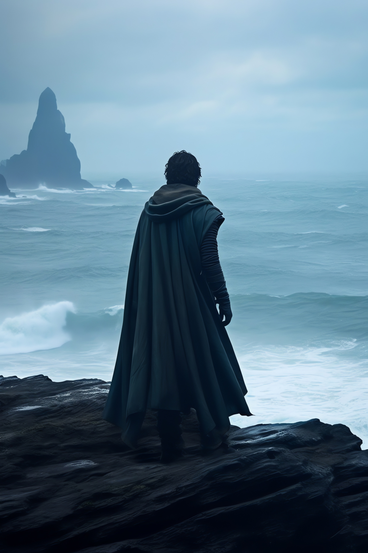 Galen Erso figure, precipice setting, serene seascape, character contemplation, narrative moment, HD Phone Wallpaper