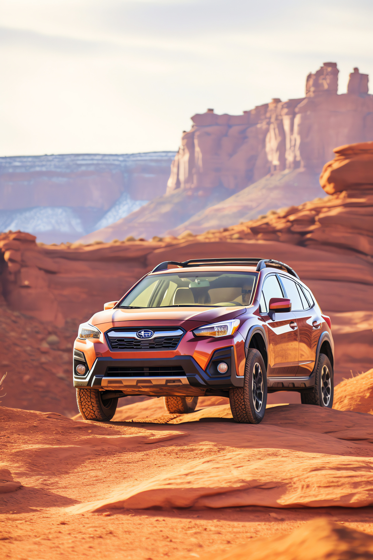 Subaru Crosstrek Outdoor model, wilderness in Moab, robust trail design, suspension lift feature, desert terrain wheels, HD Phone Image