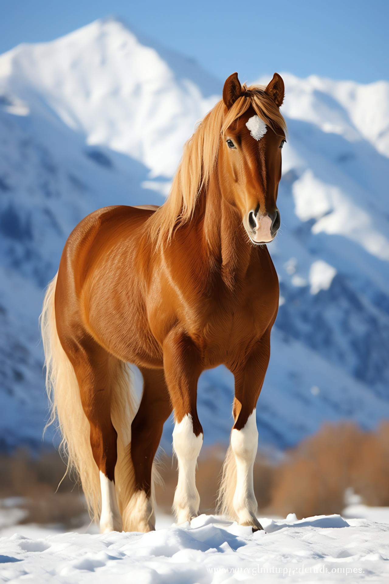 Snowy equine grace, Steed in crystals, Topaz glint, Chestnut gloss, Satiny coat, HD Phone Image