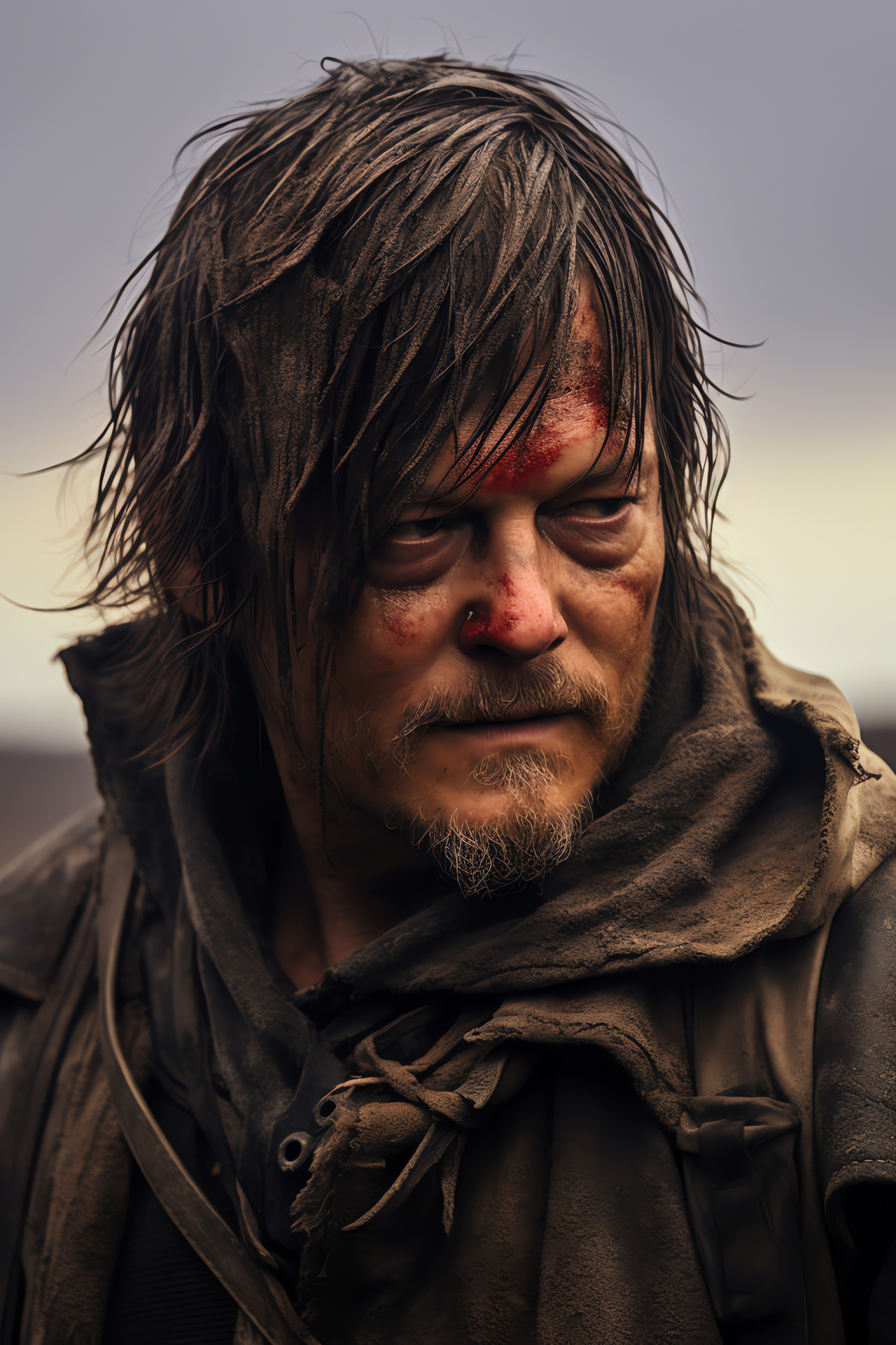 Norman Reedus in character, War face paint, Desolate scene, Cinematic close frame, Actor portrayal, HD Phone Image