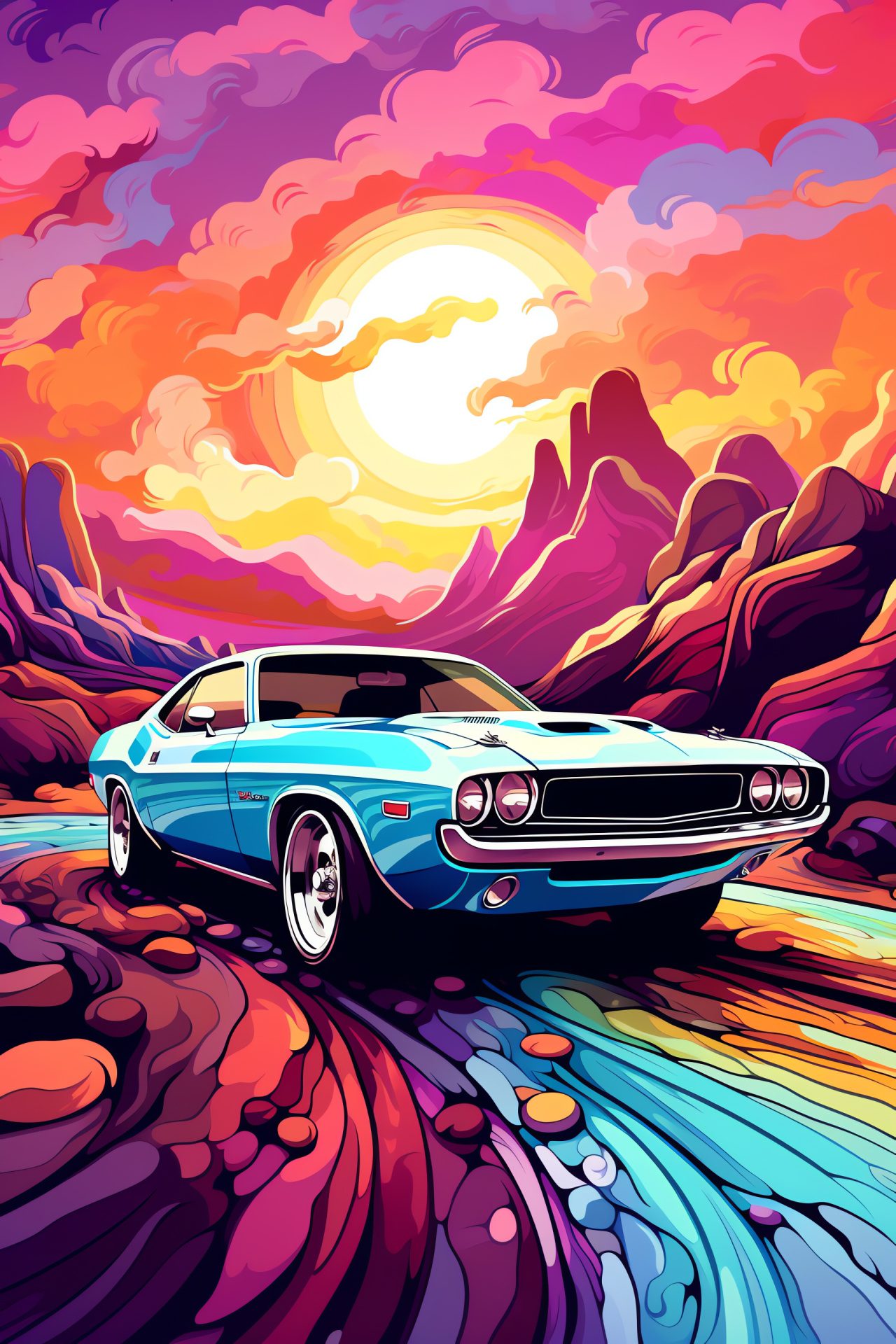 Muscle Cars fantasy, Imaginative landscapes, Color explosion, Virtual world art, Psychedelic auto dreams, HD Phone Image