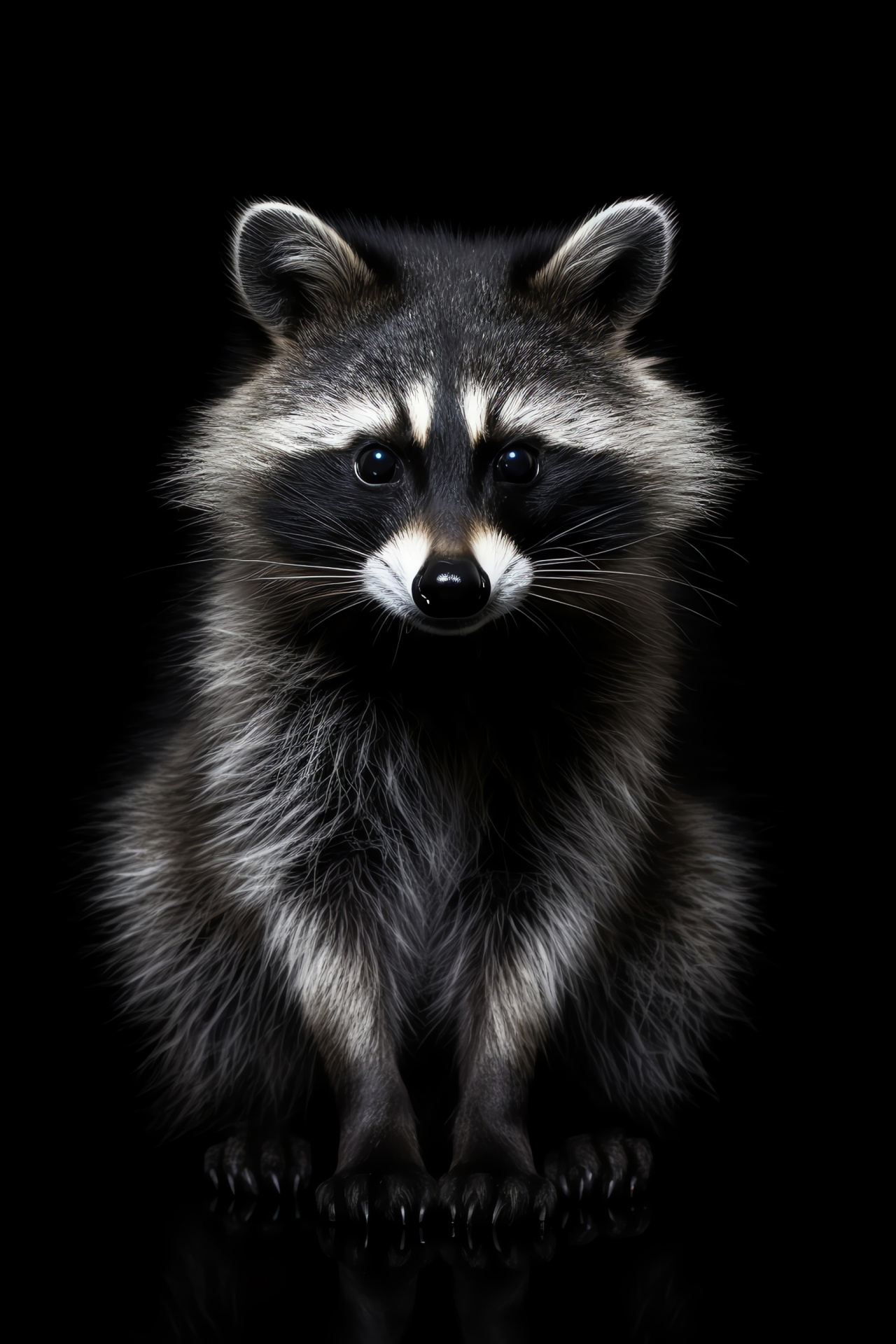 Raccoon, shiny pelage, nocturnal mammal, dexterous creature, shadowy backdrop, HD Phone Image