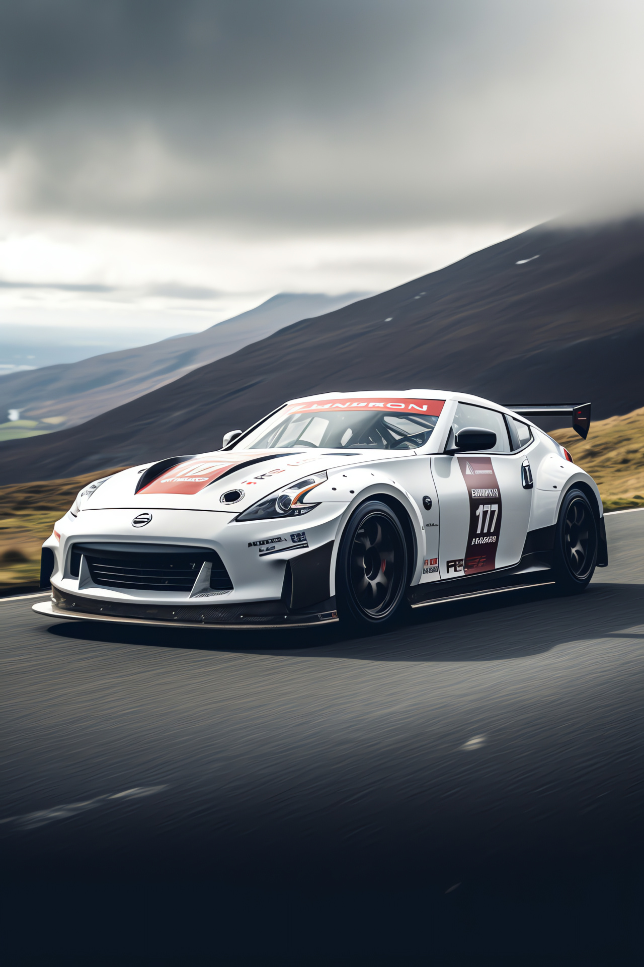 Nissan 370Z GT4, Iconic road race, Aggressive motorsport build, Wide stance, Racing circuit, HD Phone Image