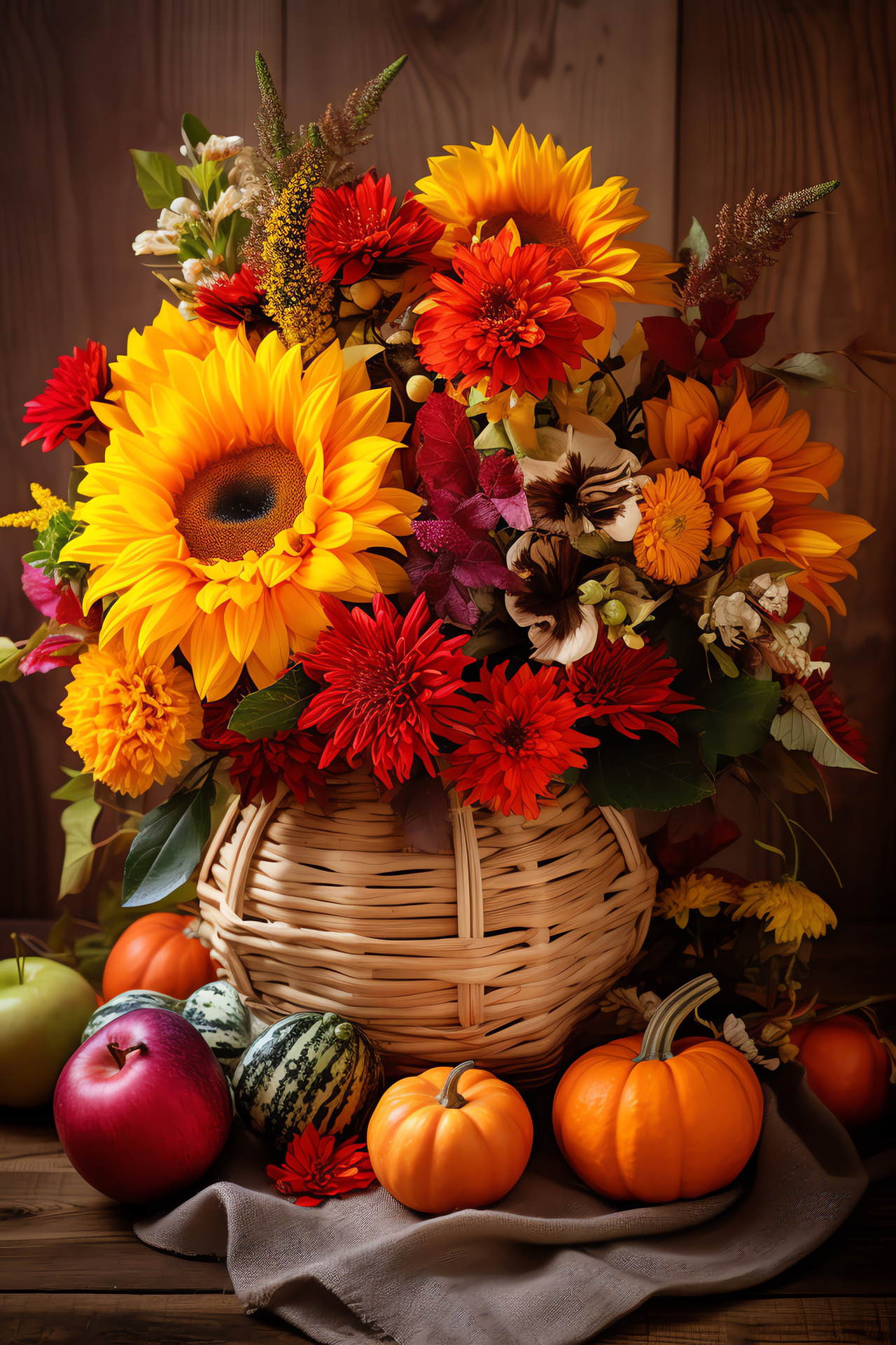 Autumn bounty, harvest arrangement, rustic charm, floral collection, seasonal basket, HD Phone Image