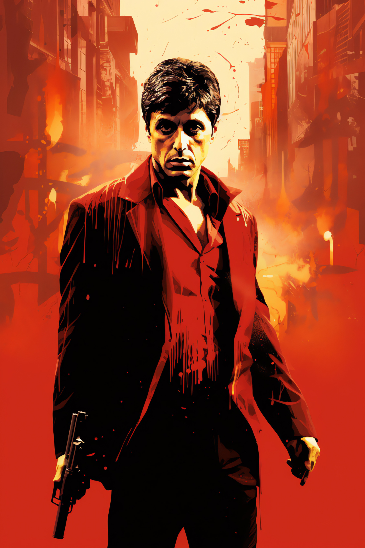 Scarface, Al Pacino as Tony Montana, Artistic wall representation, Crimson base tone, Intense azure stare, HD Phone Wallpaper