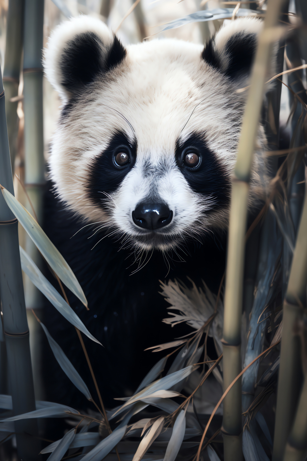 Giant Panda posture, Unique fur patterns, Blue-eyed bear, Lush bamboo setting, Calm environment, HD Phone Wallpaper