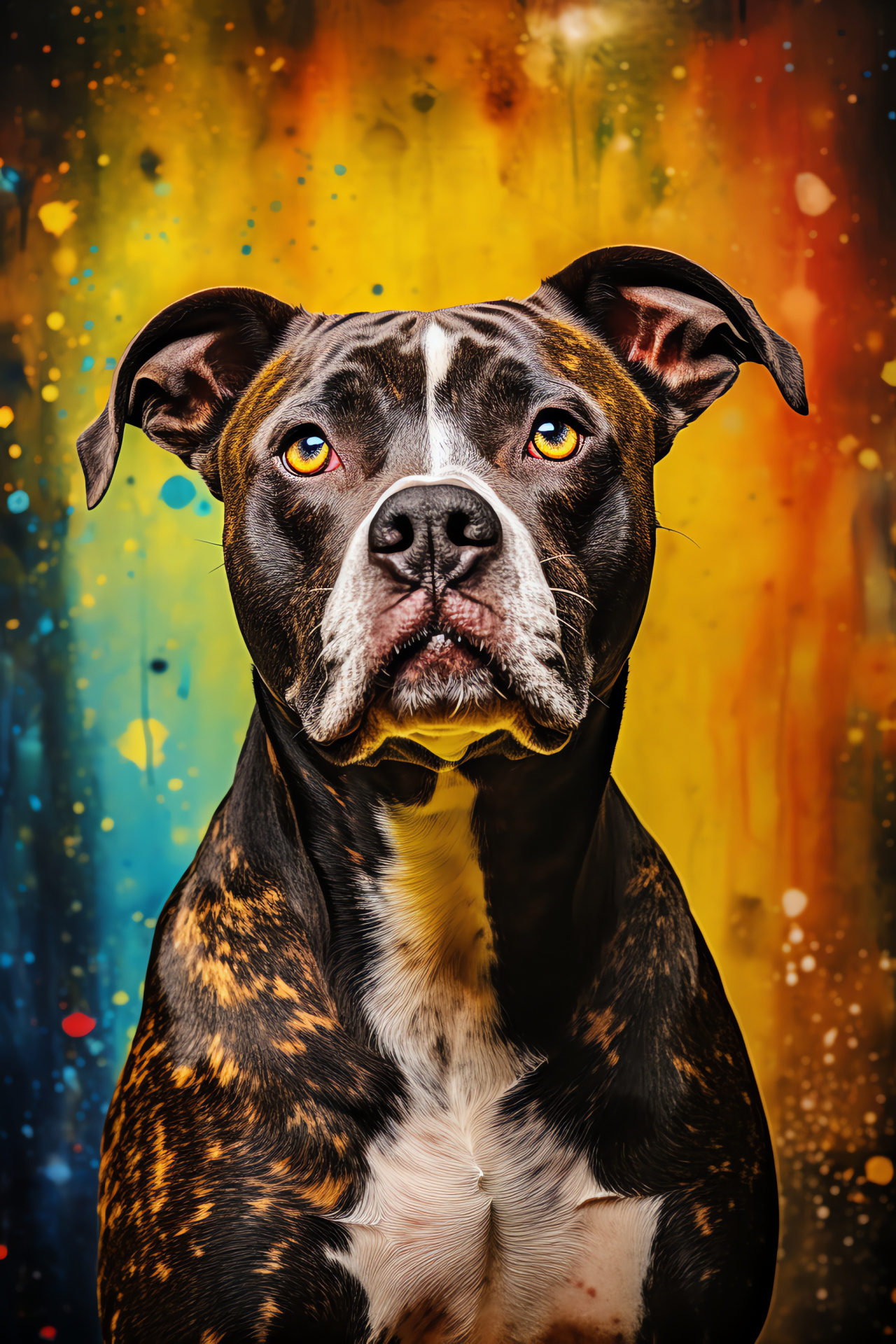 Noble Pitbull Terrier, Majestic dog stance, Swirling backdrop art, Gradient canine trio, Decorative lines, HD Phone Wallpaper