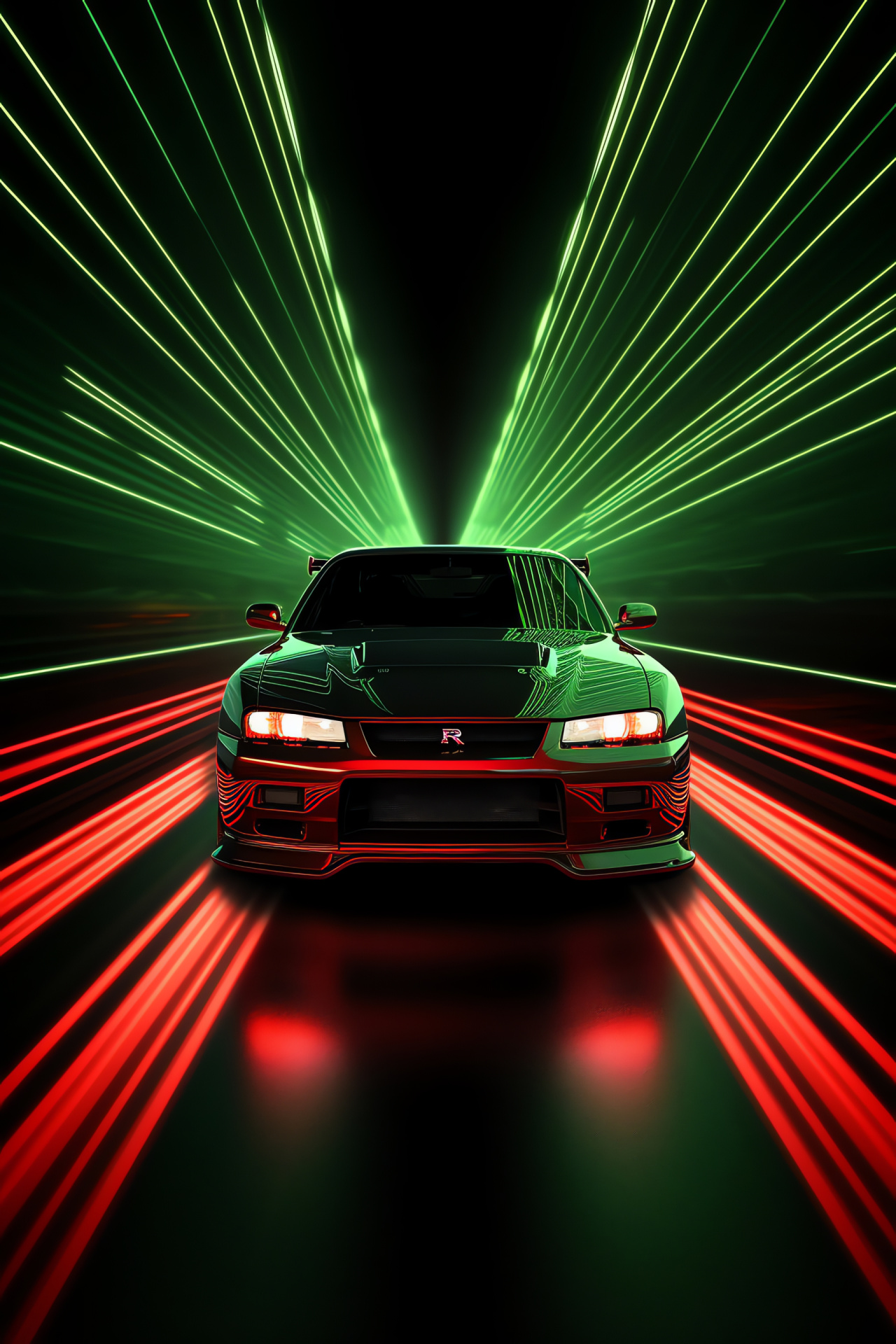 Nissan Skyline R32 GTR, Racing aesthetics, Striking red exterior, Flash of green light, Automotive glamour, HD Phone Wallpaper