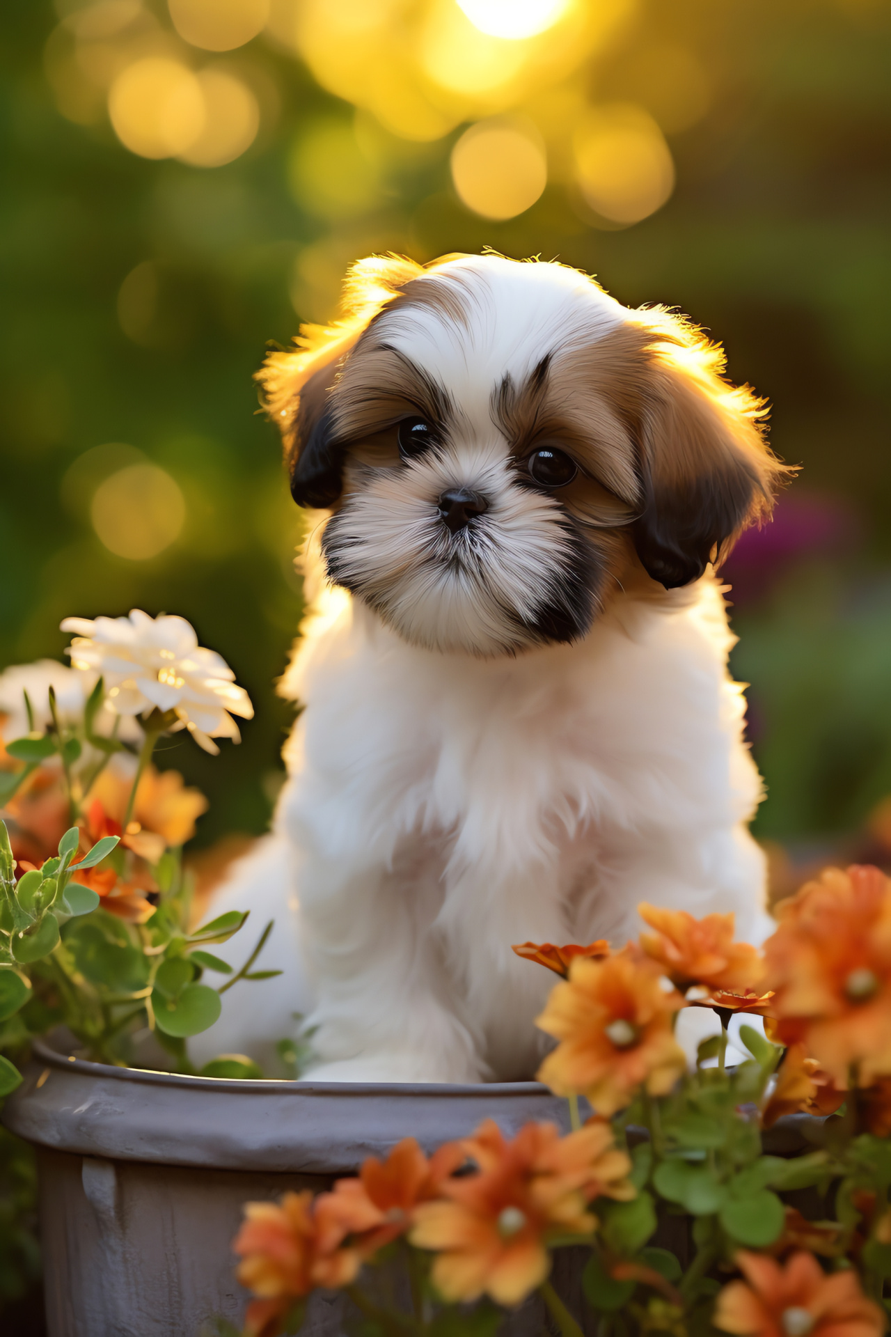 Shih Tzu pup, Soft eye expression, Silky fur texture, Tricolor coat detail, Small breed characterization, HD Phone Wallpaper