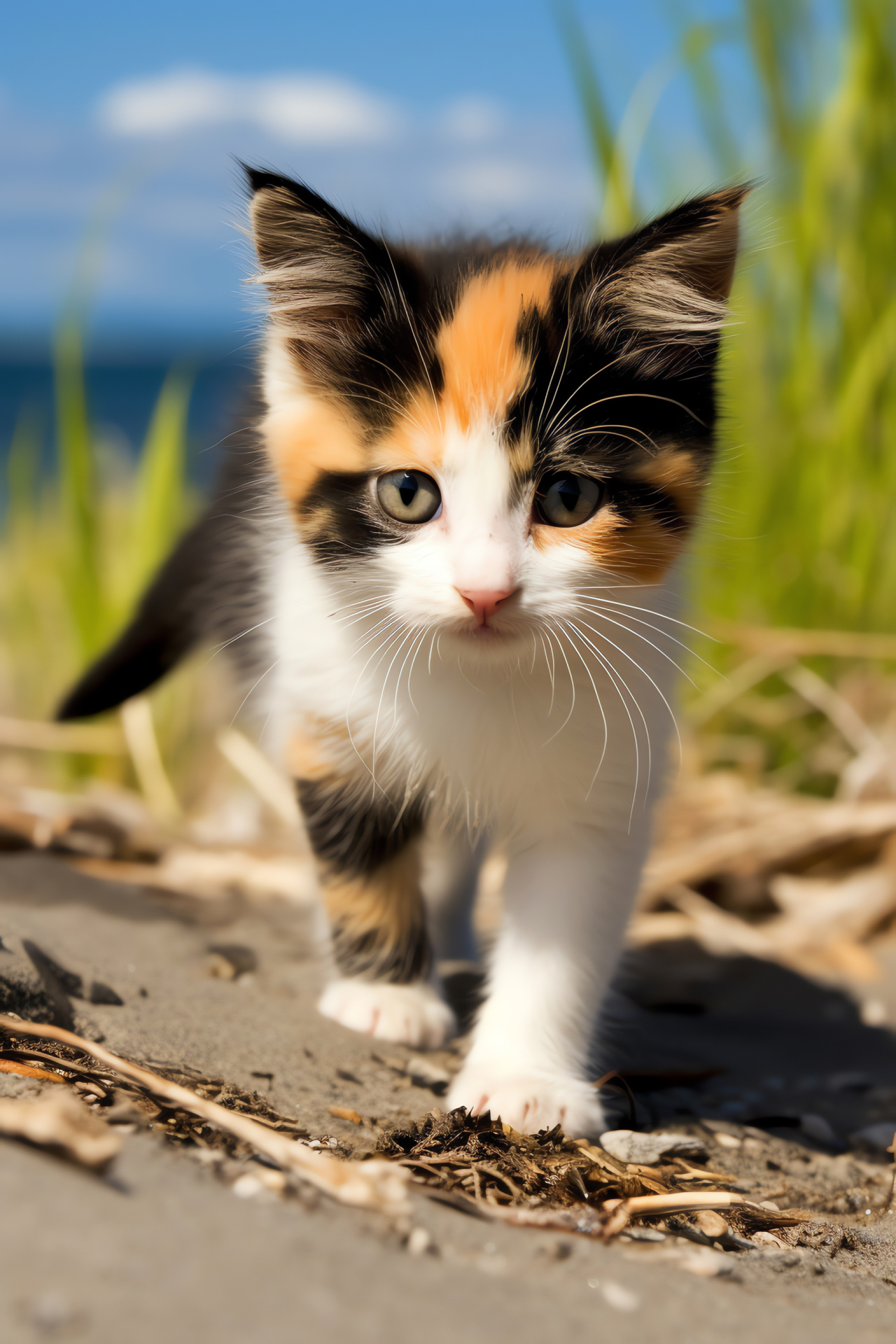 Calico kitten, Feline variety, Seaside exploration, Animal paw marks, Kitten cuteness, HD Phone Image