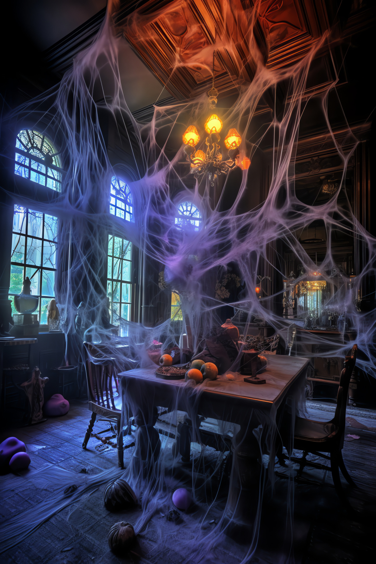 All Hallows' Eve, Spooky residence, Eerie cobwebs, Gothic lights, Silken gossamer, HD Phone Wallpaper