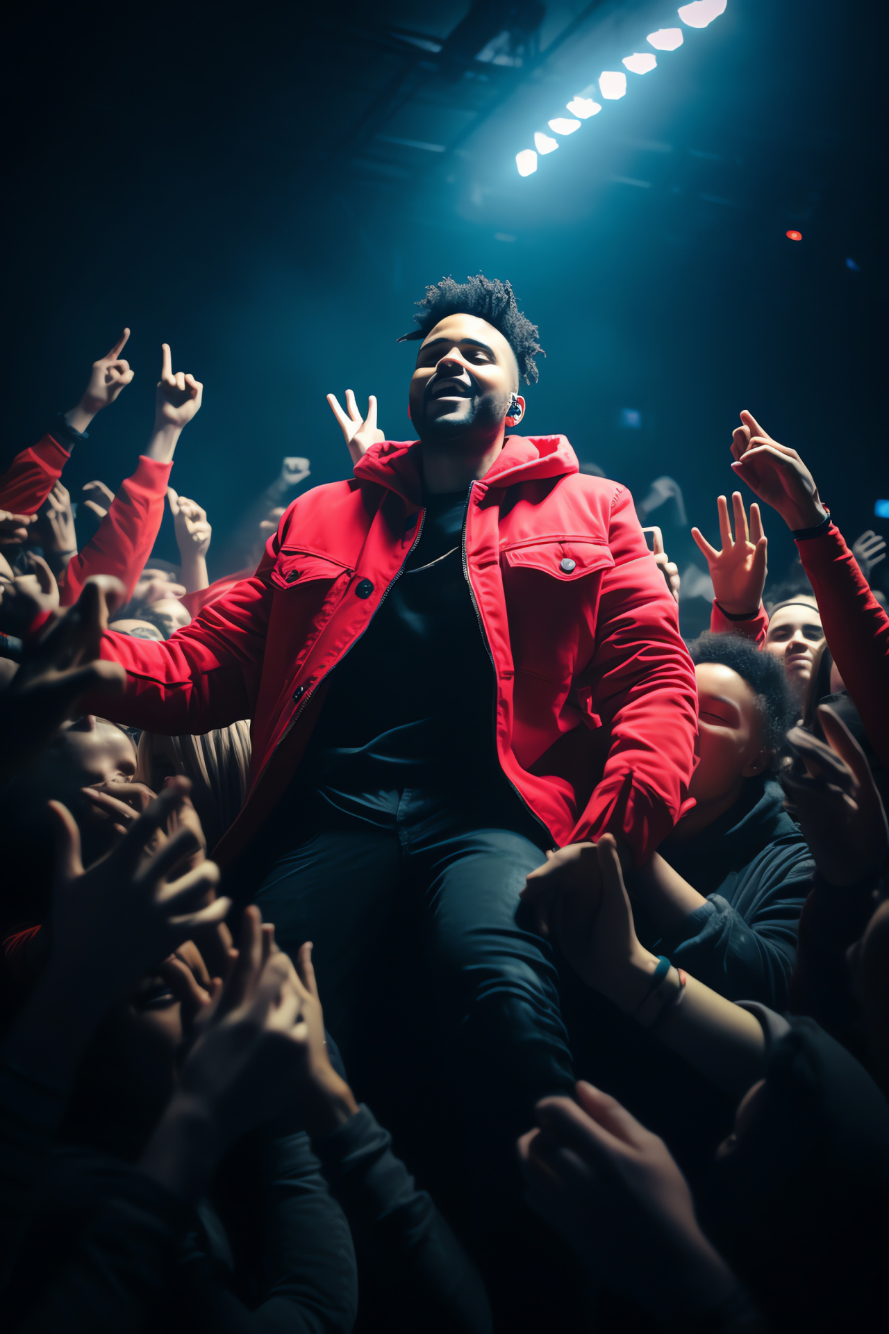 The Weeknd, Live concert, Music spectacle, Singer red attire, Audience engagement, HD Phone Image