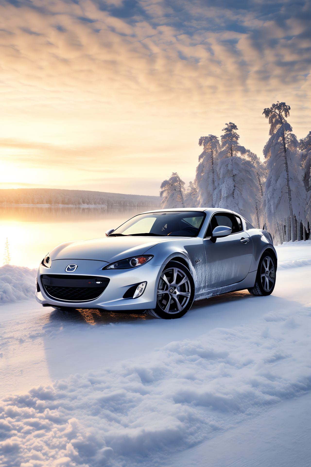 Winterized Mazda RX8, Finnish landscapes, Snowy lake drifting, Frosty trees, Cold climate driving, HD Phone Image