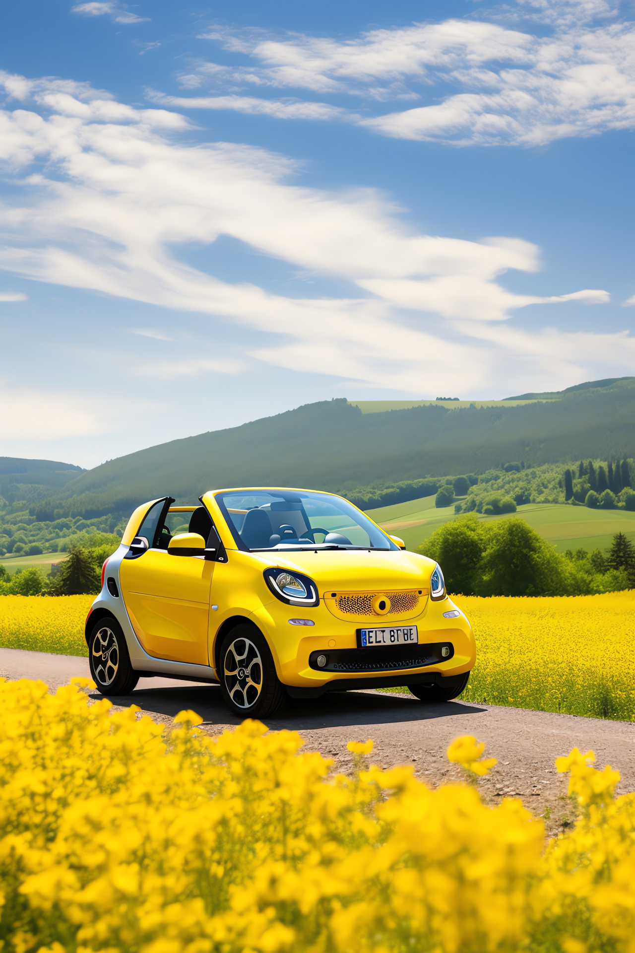 Smart EQ ForTwo Cabriolet, French countryside, Panoramic sunflower fields, Quaint rural backdrop, Silver automotive elegance, HD Phone Image