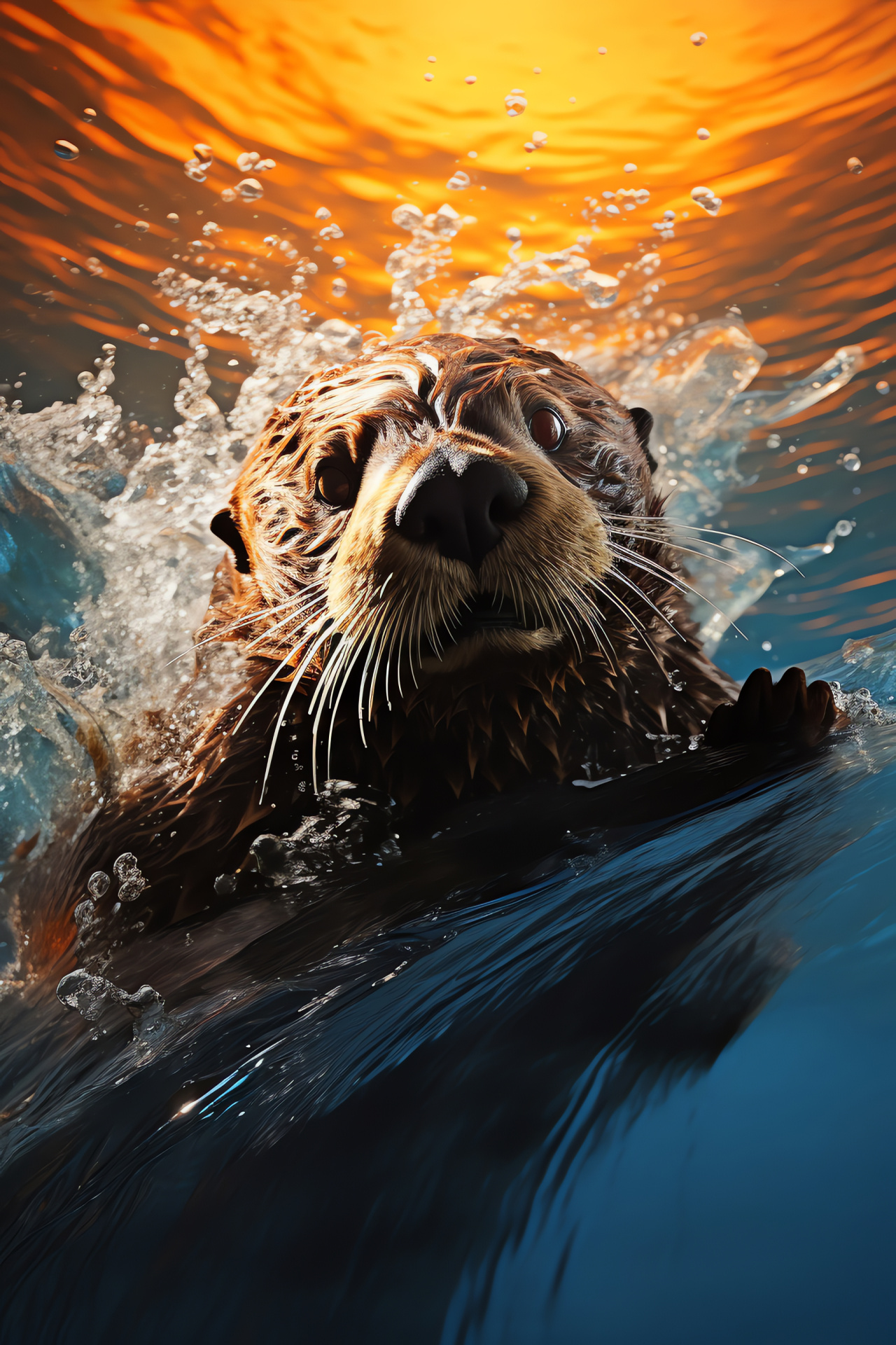 Playful Sea Otter, Deep dive, Lustrous black fur, Oceanic frolic, Bright dentition, HD Phone Image