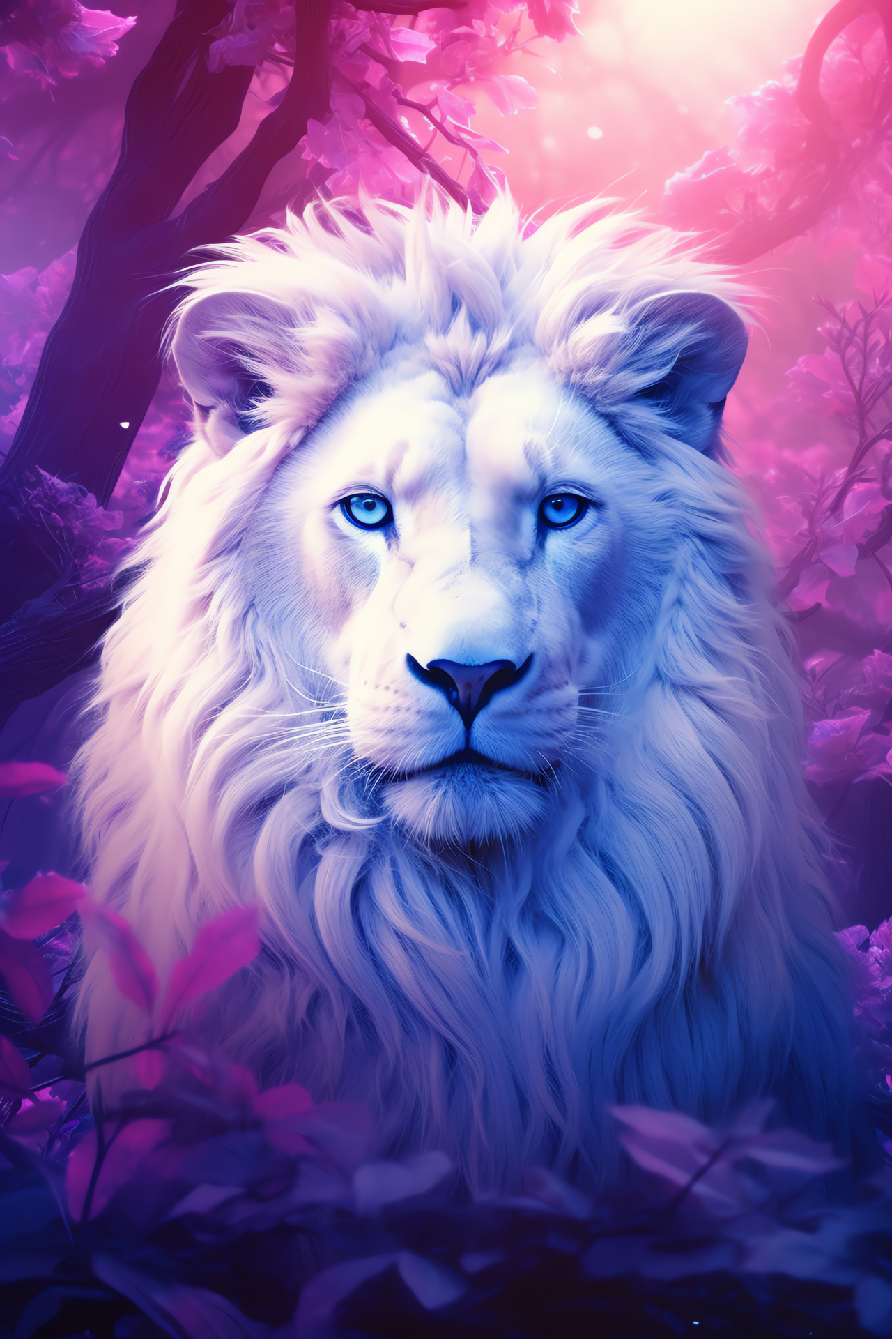 Albino White Lion, Mystical mane, Lion nobility, Enchanted woodlands, Flora abundance, HD Phone Wallpaper