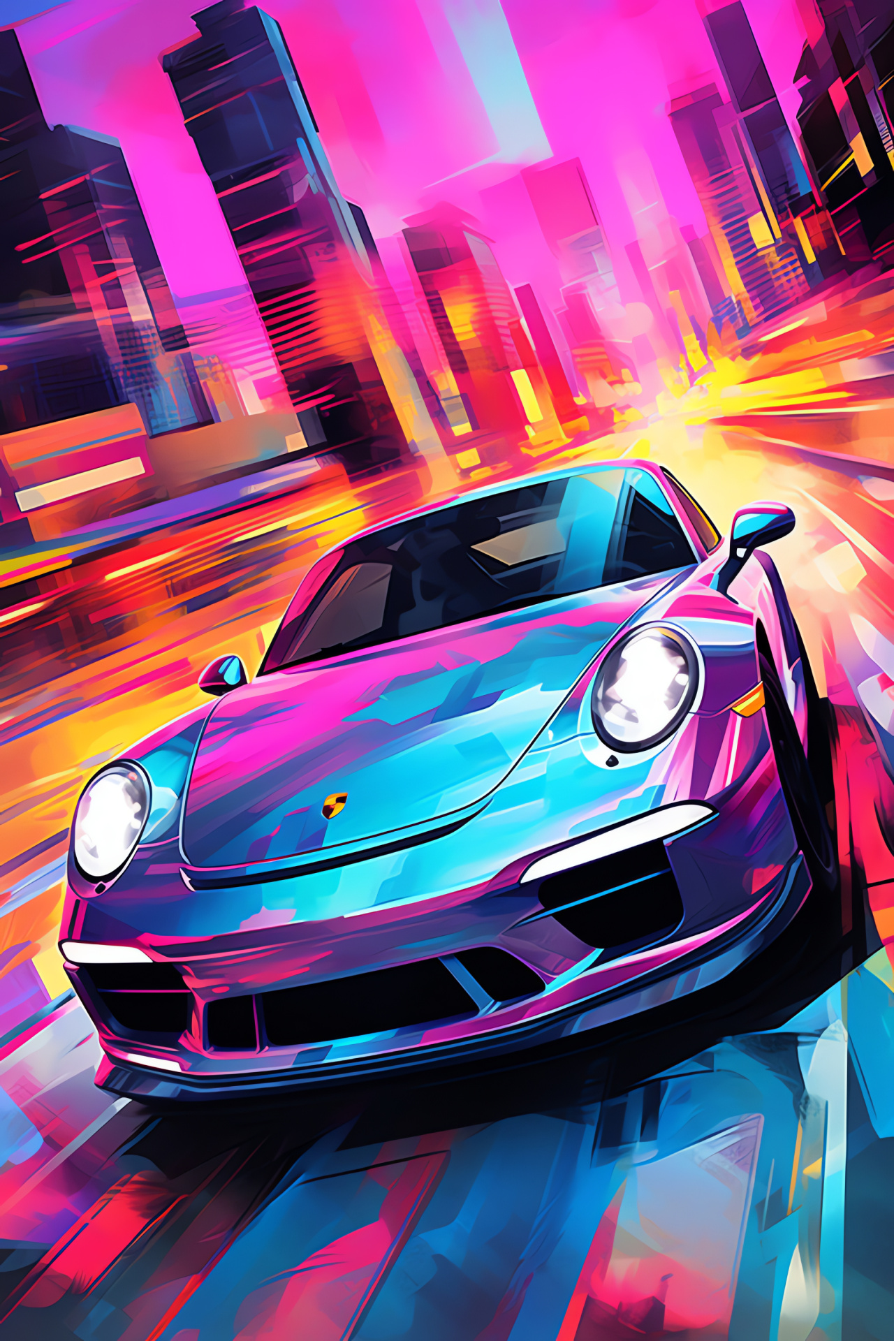 Porsche 911 aerial, Modern cityscape, Urban skyline contours, Holography in advertising, High-tech conveyance, HD Phone Wallpaper