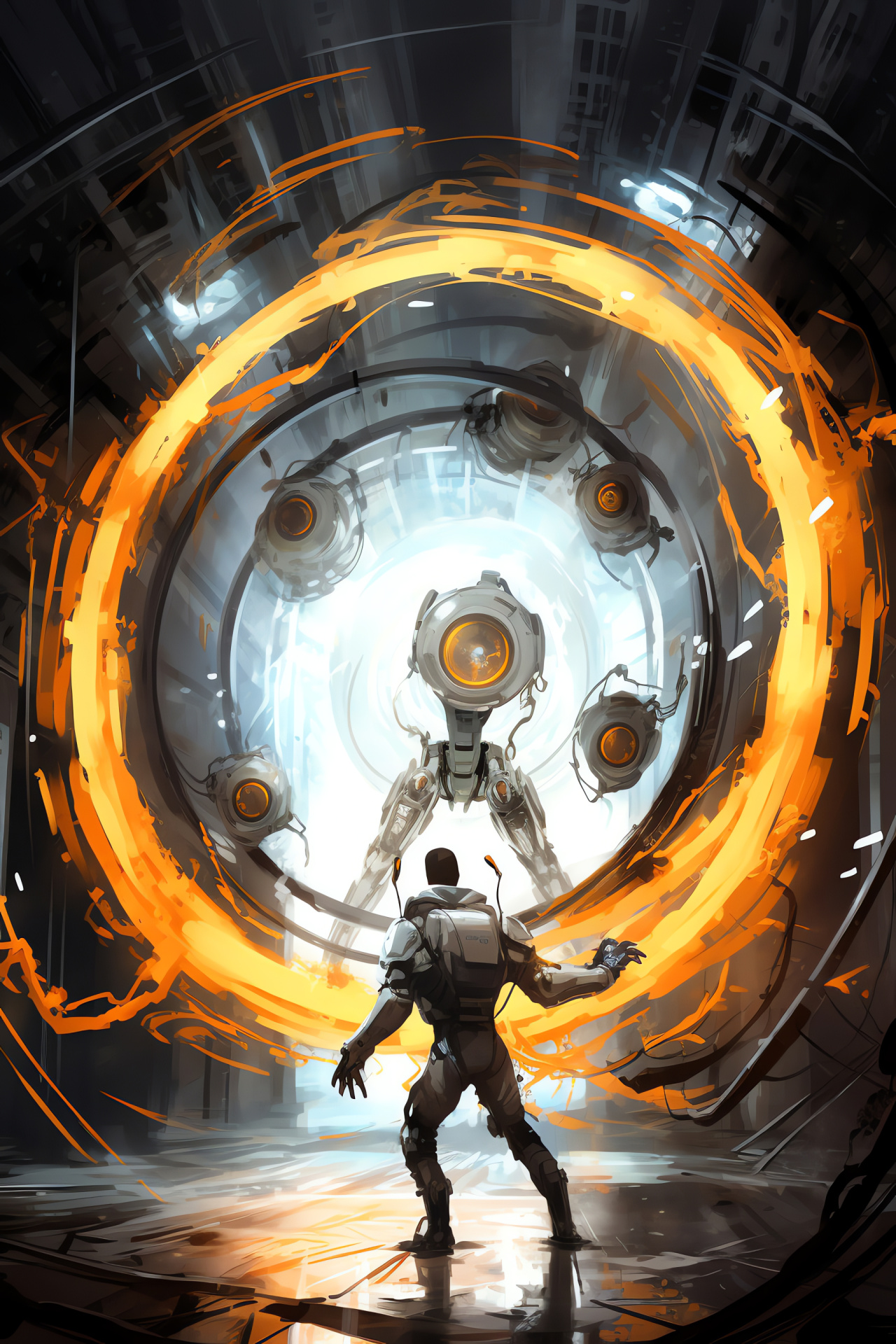 Portal stage conflict, GLaDOS adversary, Robotic extensions, Agile evasion, Dimensional rifts, HD Phone Wallpaper