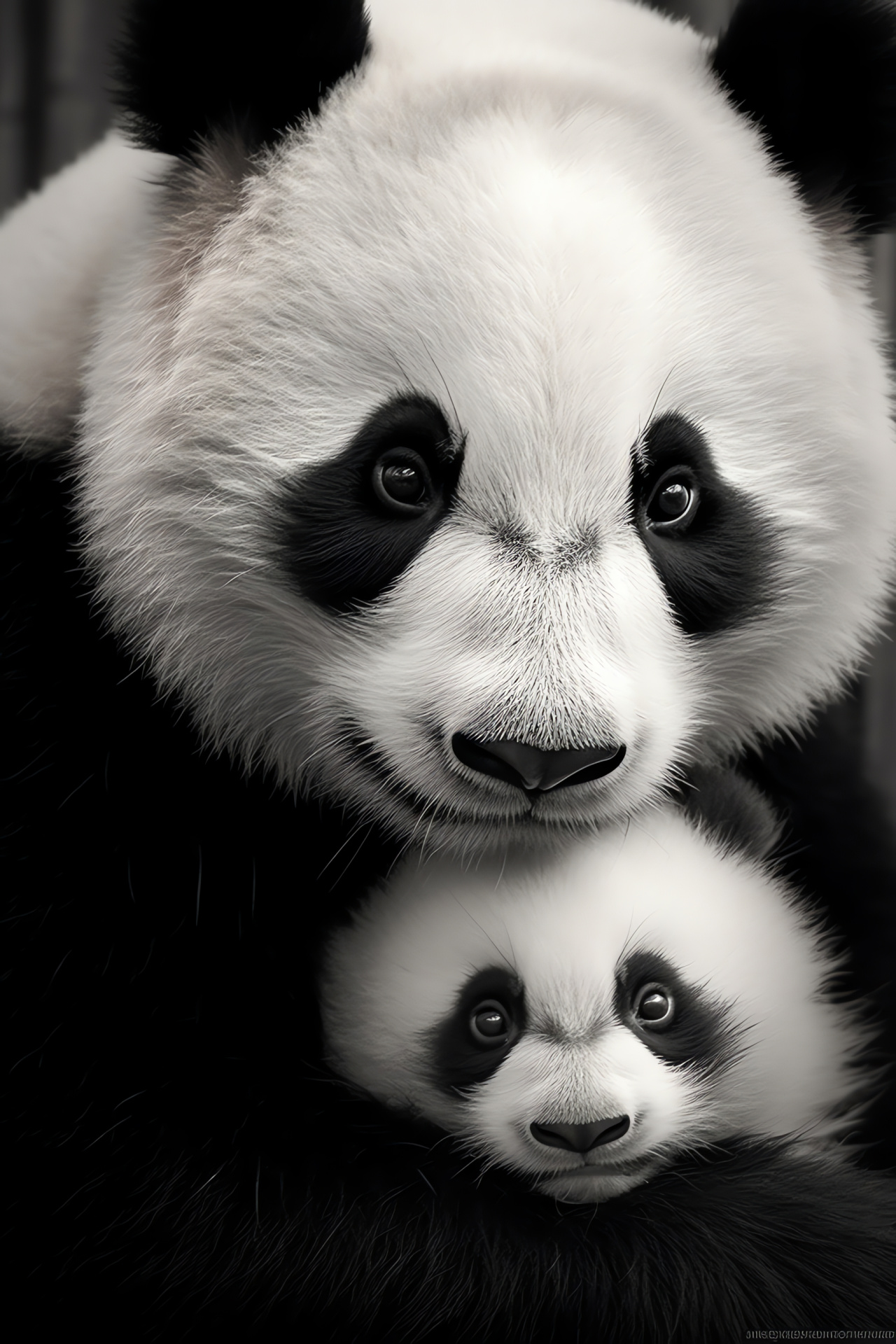 Mother panda, familial affection, eye-catching cub, protective atmosphere, dense bamboo, HD Phone Image