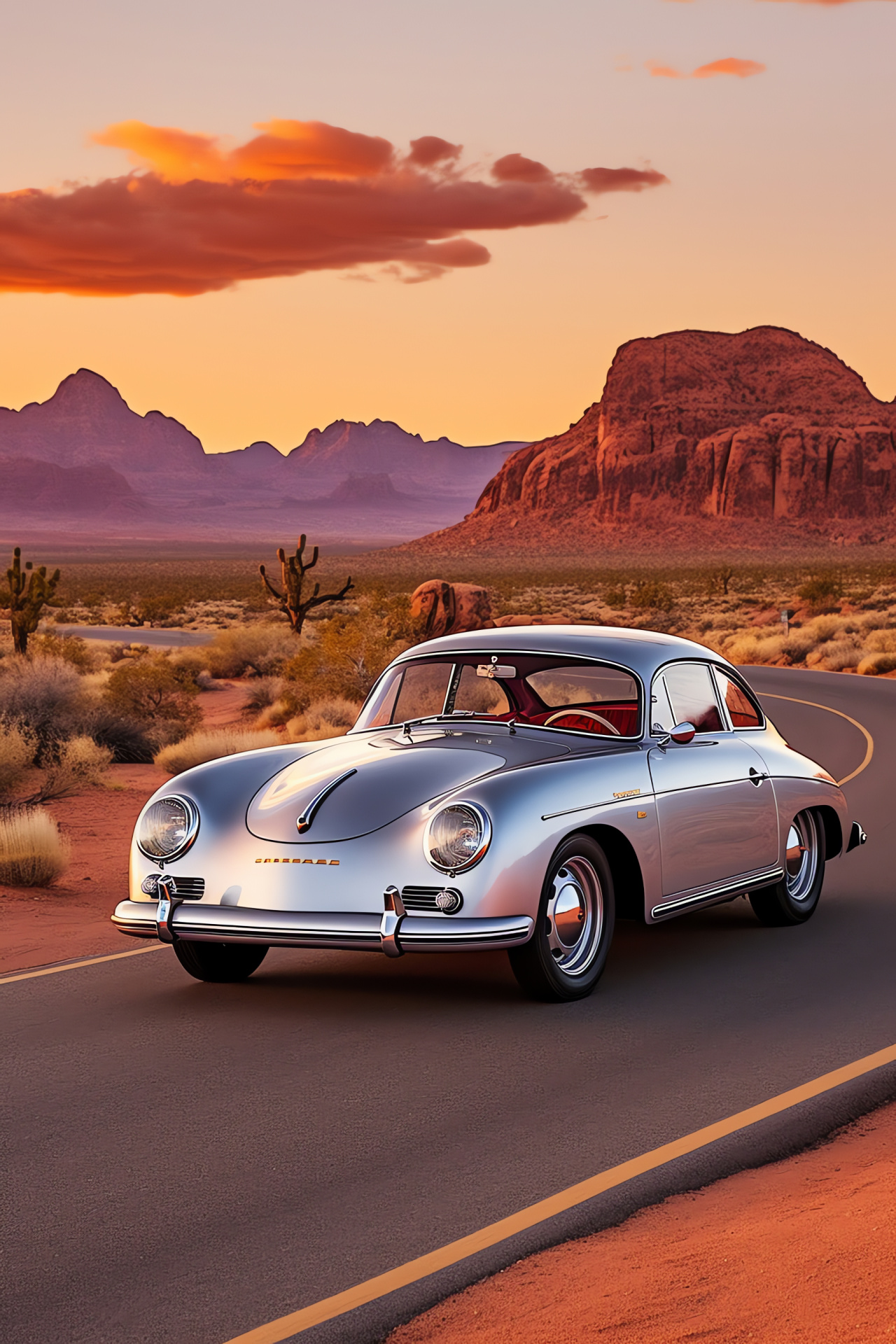 Porsche 356 on Route 66, Vintage coupe discovery, Sun-kissed metallic sheen, Desert escapade, HD Phone Wallpaper