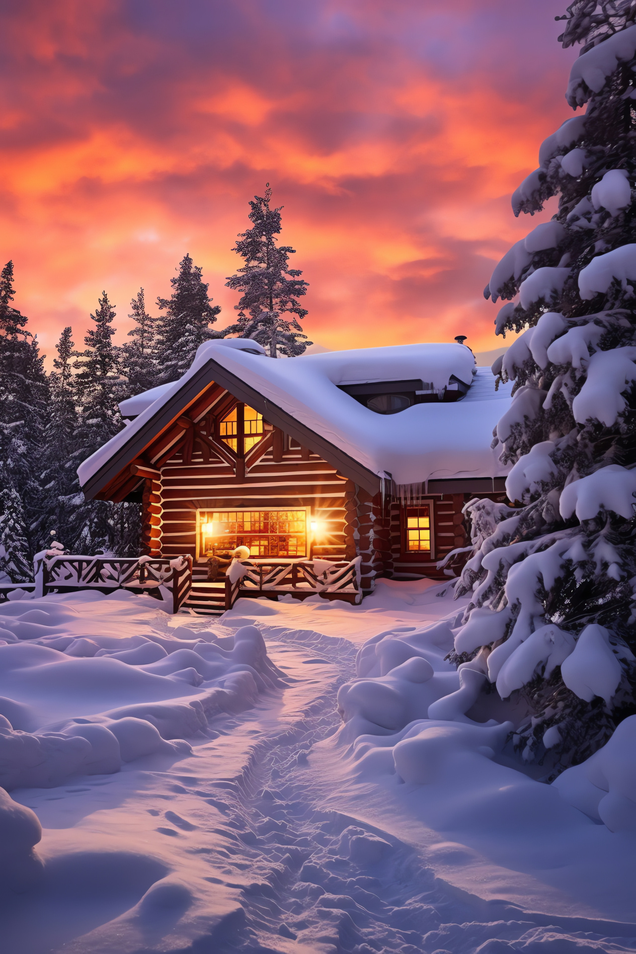 Snowbound landscape, Coniferous forest frost, Woodland dwelling seclusion, Hearth smoke ascent, Dusk natural beauty, HD Phone Wallpaper