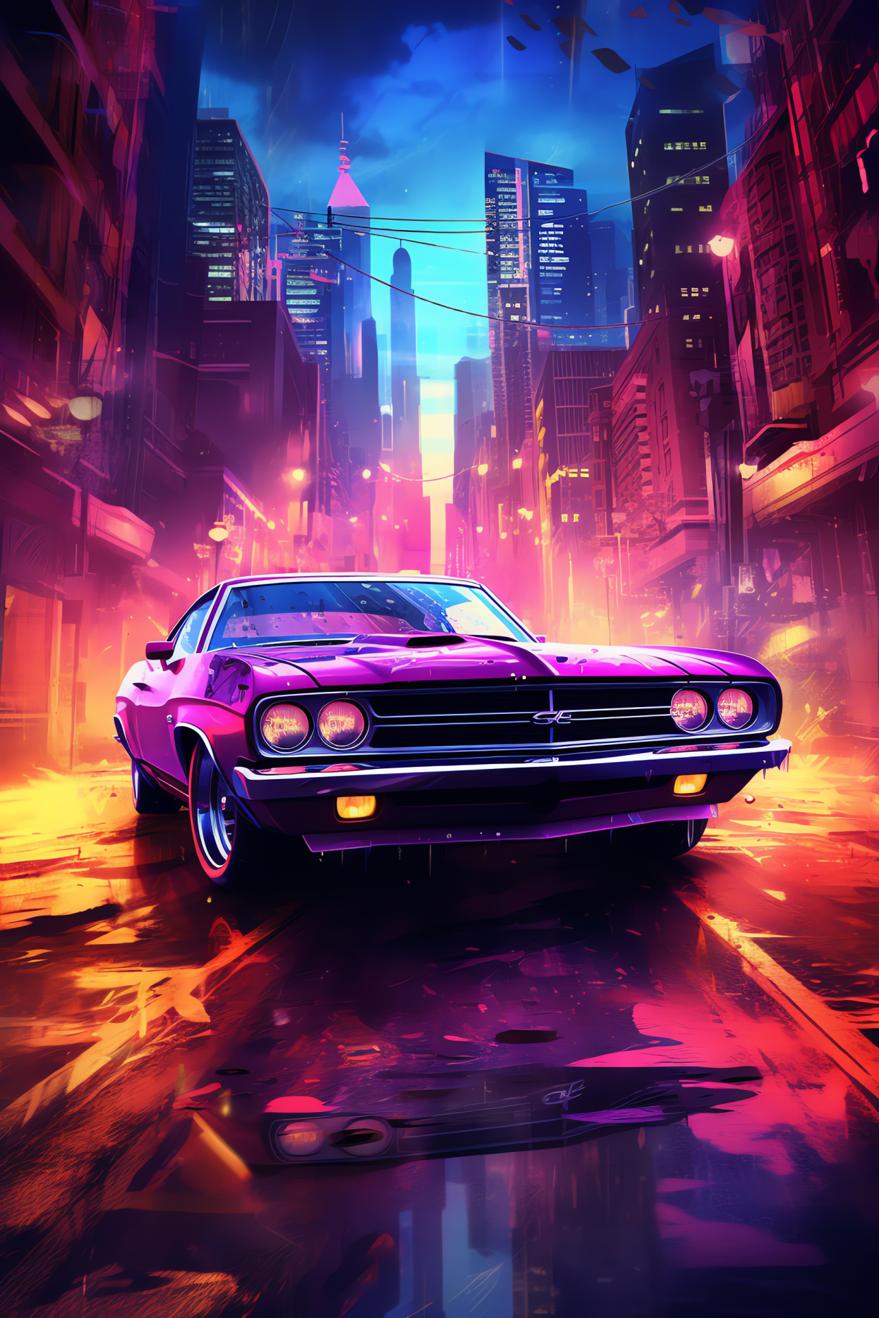 Collectible muscle car, total vehicle showcase, sci-fi urban vision, futuristic gleam, neon ambiance, HD Phone Image