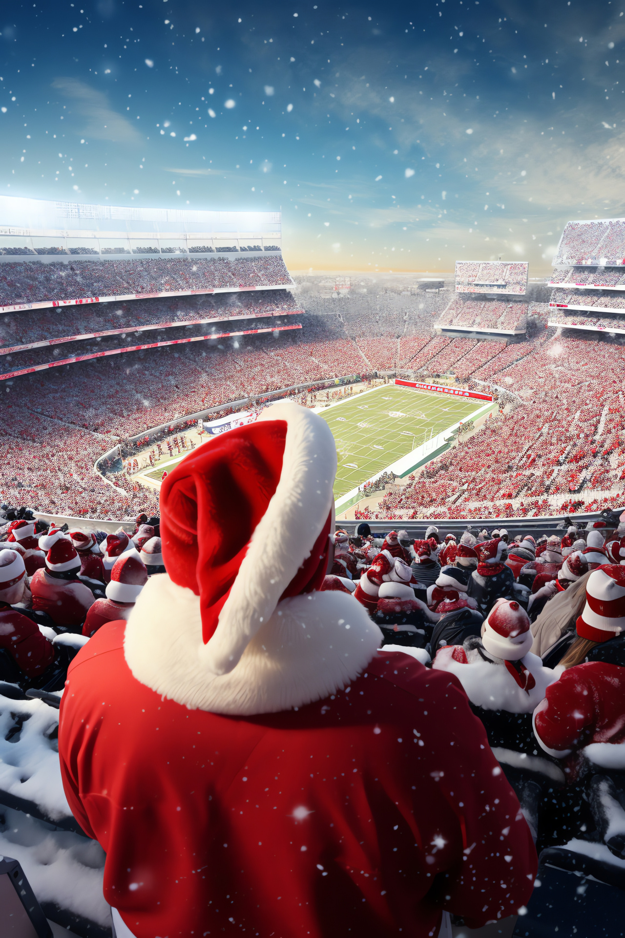 NFL Christmas stadium scene, Santa caps in the crowd, Holiday-themed sportswear, Cheering athletic field, Snowy game celebration, HD Phone Image