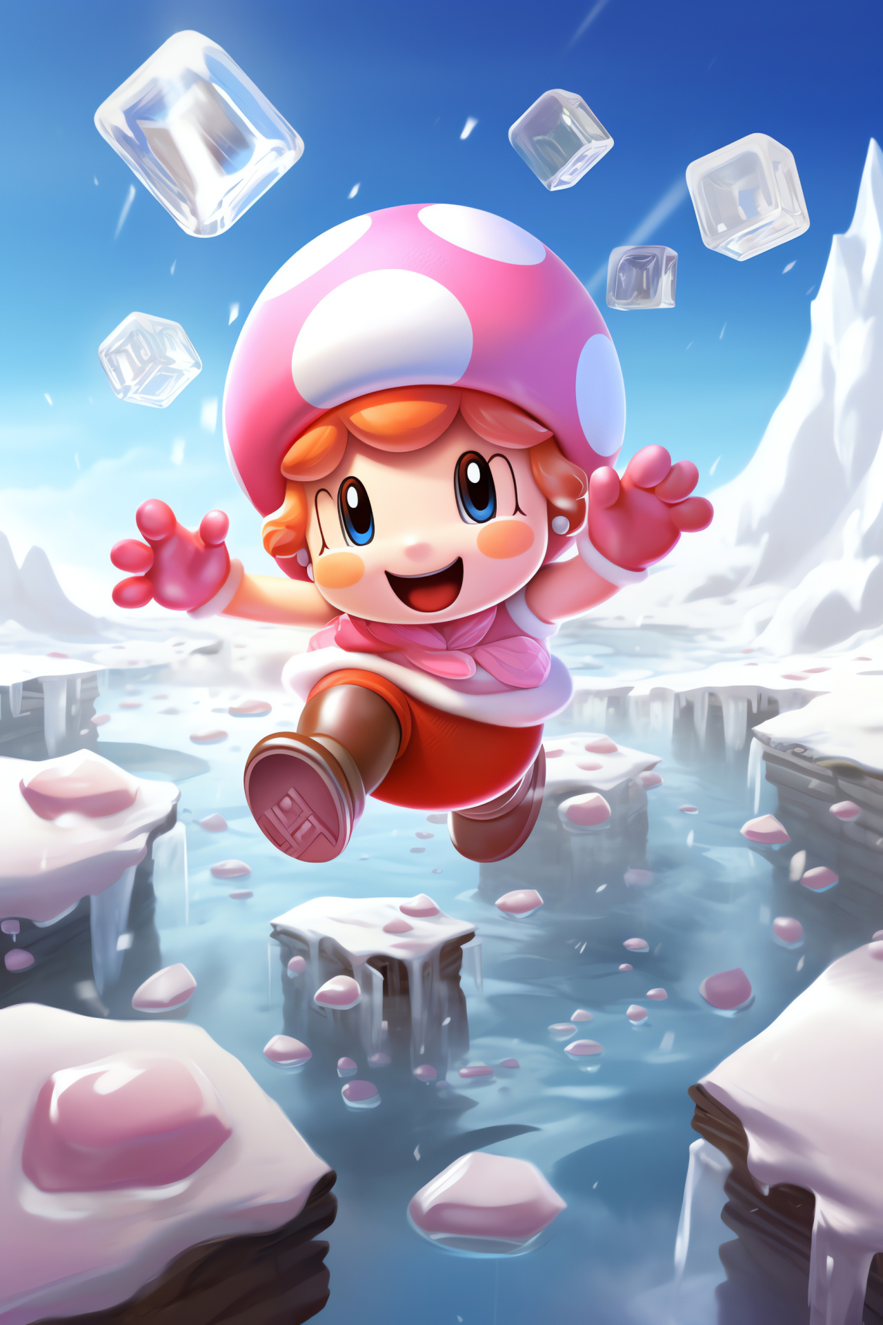 Toadette in action, Frosty world, Currency collection, Icy platform, Mushroom Kingdom, HD Phone Wallpaper