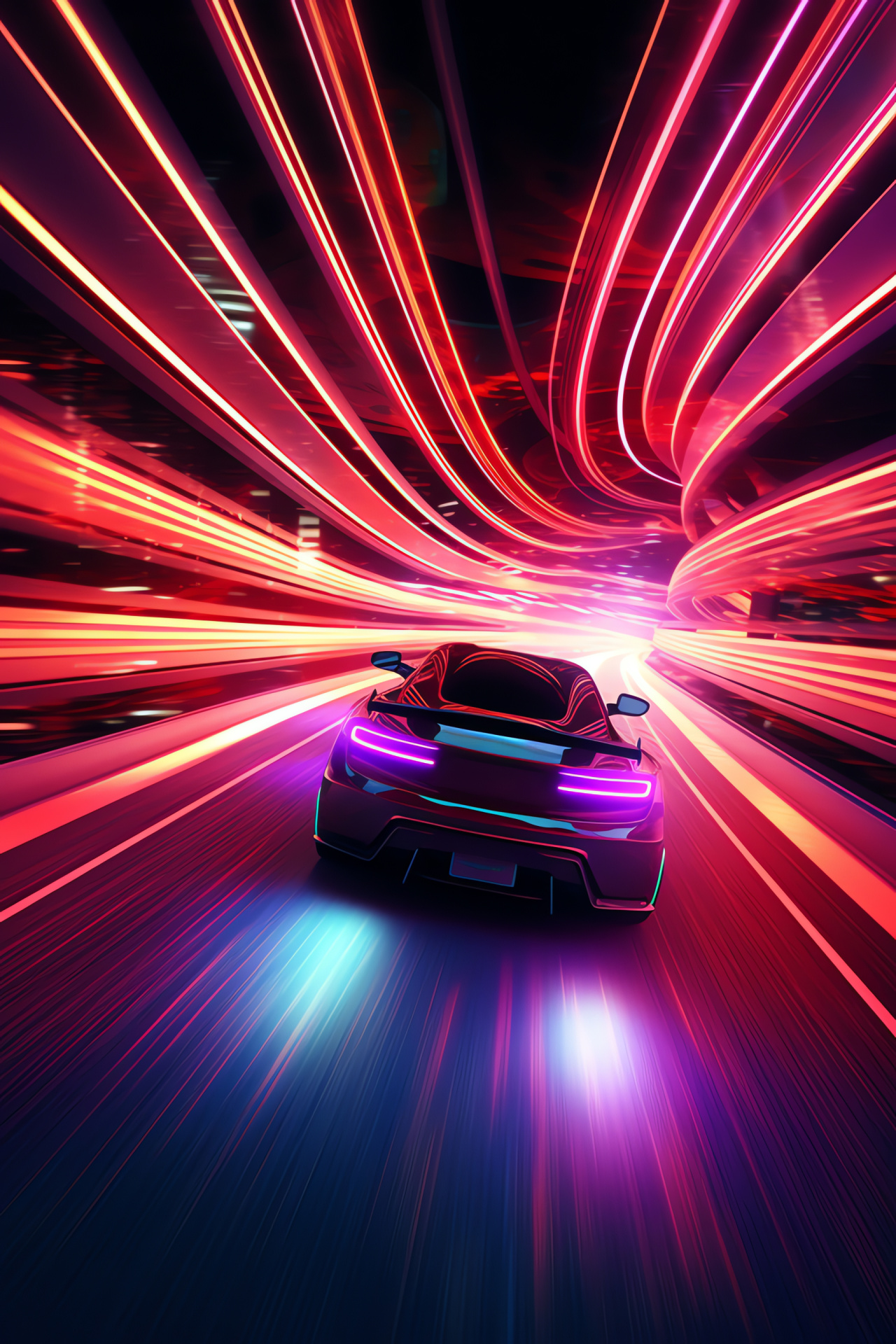 Neon Car, subterranean raceway, illuminated tunnel passageway, circuit competition, speed effect, HD Phone Wallpaper