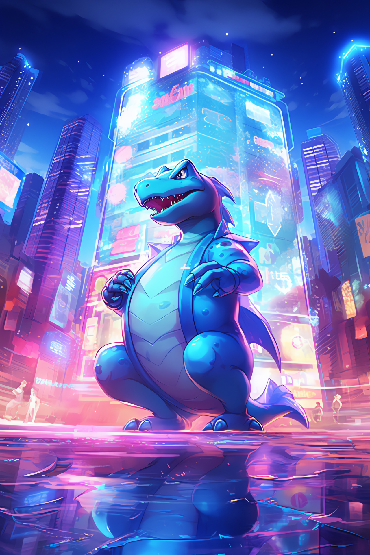 Totodile Pokmon, Urban panorama, Modern skyline, Fantasy metropolis, Evening glow, HD Phone Image