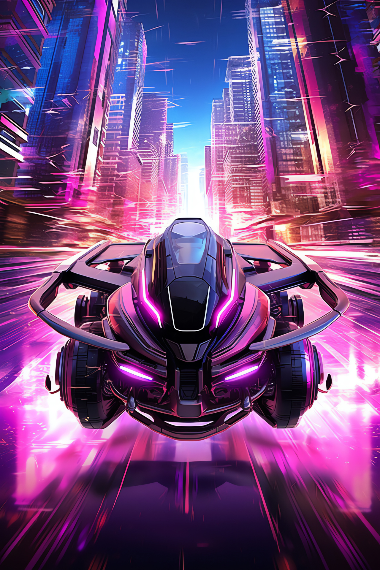 Futuristic pink hoverbike, Metropolitan skyline at twilight, Sci-fi urban vehicle, Aerial cityscape, Dynamic energy beams, HD Phone Image