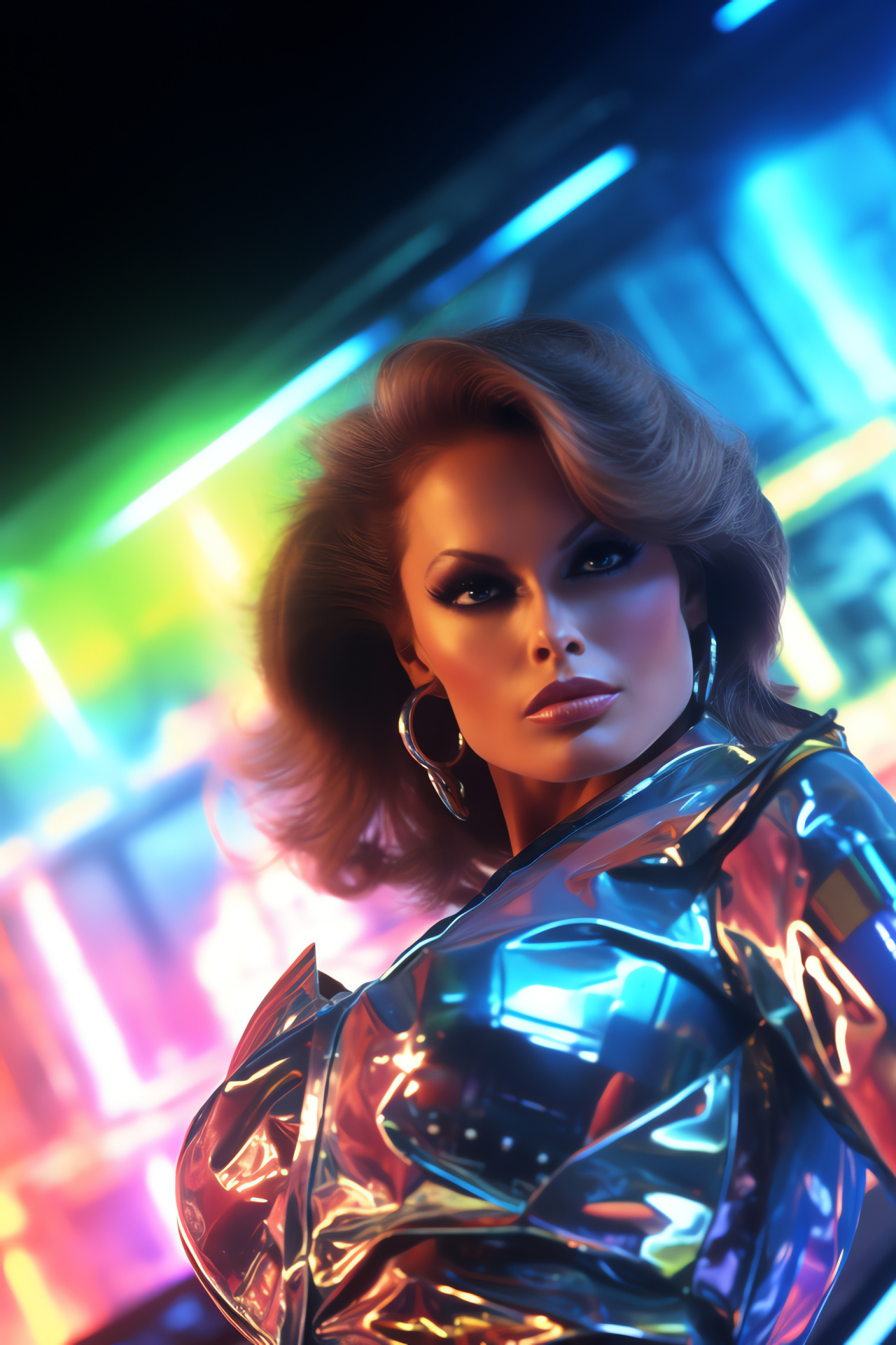 Raquel Welch sci-fi, Imagined metropolis, Actor close-up, Urban illuminations, Speculative skyline, HD Phone Image
