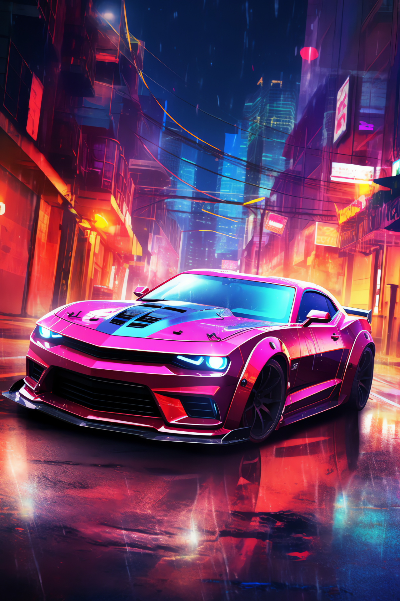 Muscle car close-up, Neon-lit city corners, Dystopian metropolis, Action-packed drifting, Style and performance, HD Phone Image