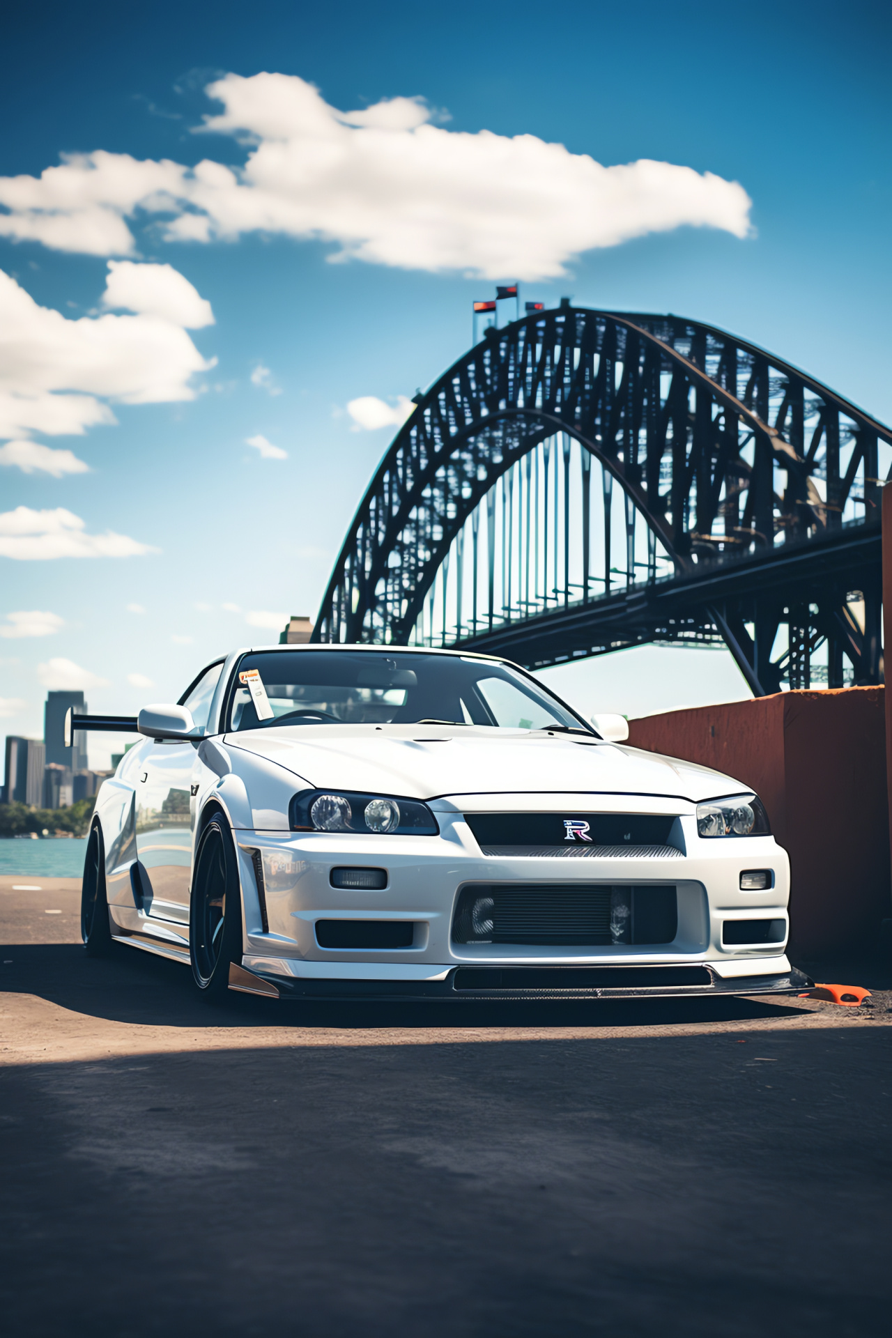 Nissan Skyline GTR R33, Sydney Harbour scene, Urban skyline, Water reflections, Customized styling, HD Phone Wallpaper