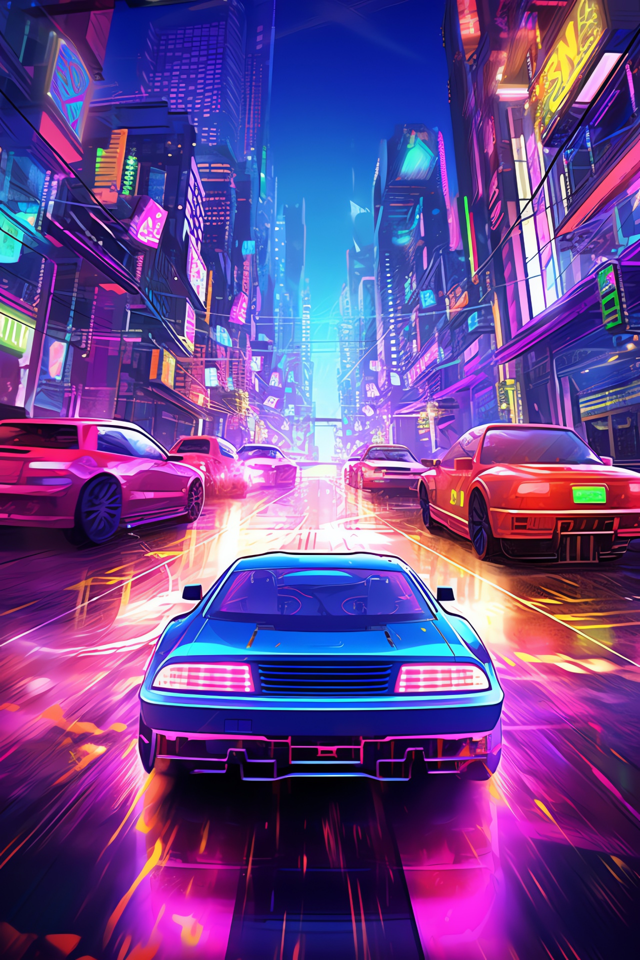Vivid urban car scene, overhead neon brightness, lively city glow, mirrored buildings, vibrant escape, HD Phone Image