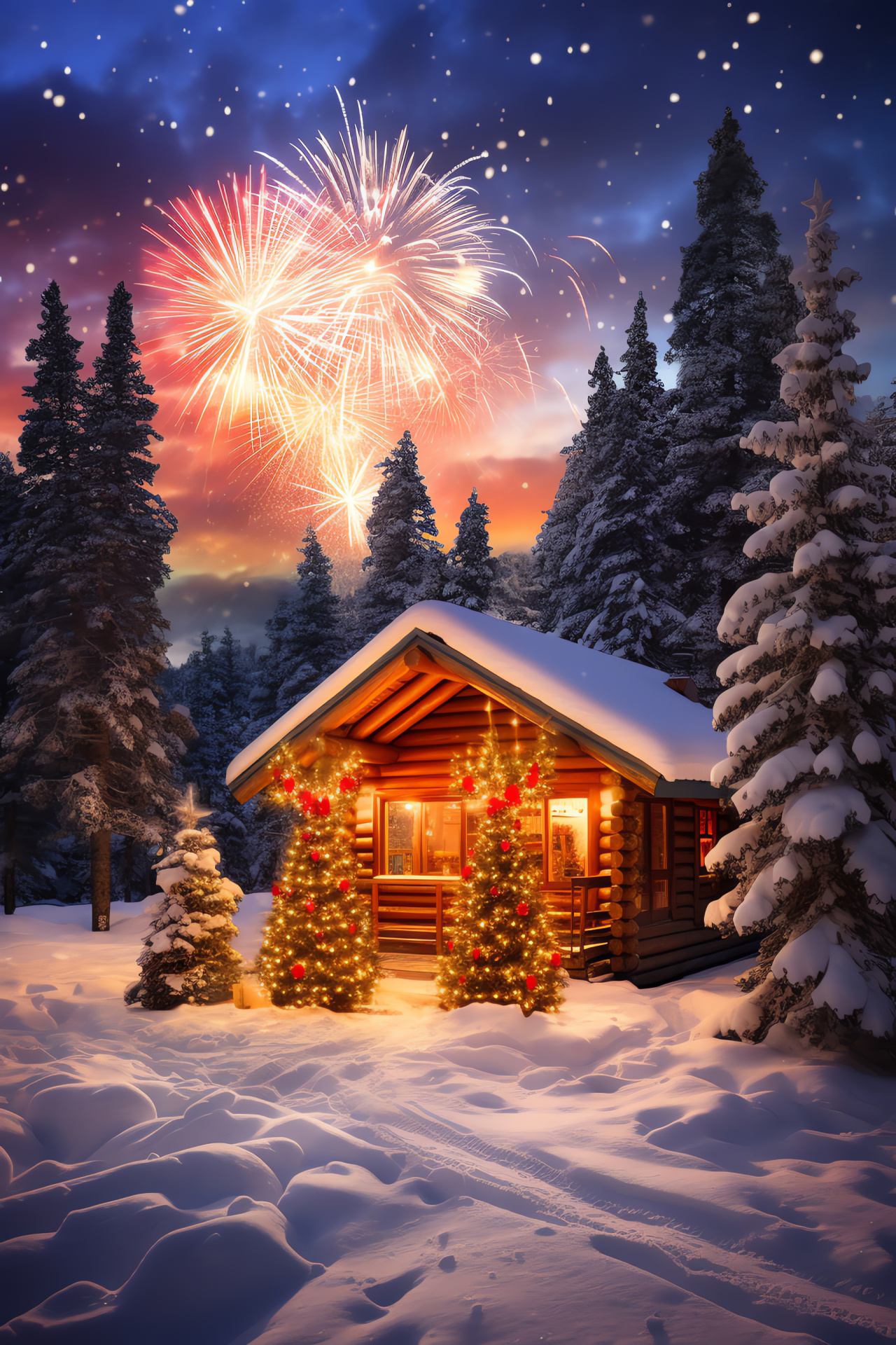 Wintertide view, Holiday cabin, Evergreen foliage, Festive loops, Starry illumination, HD Phone Wallpaper