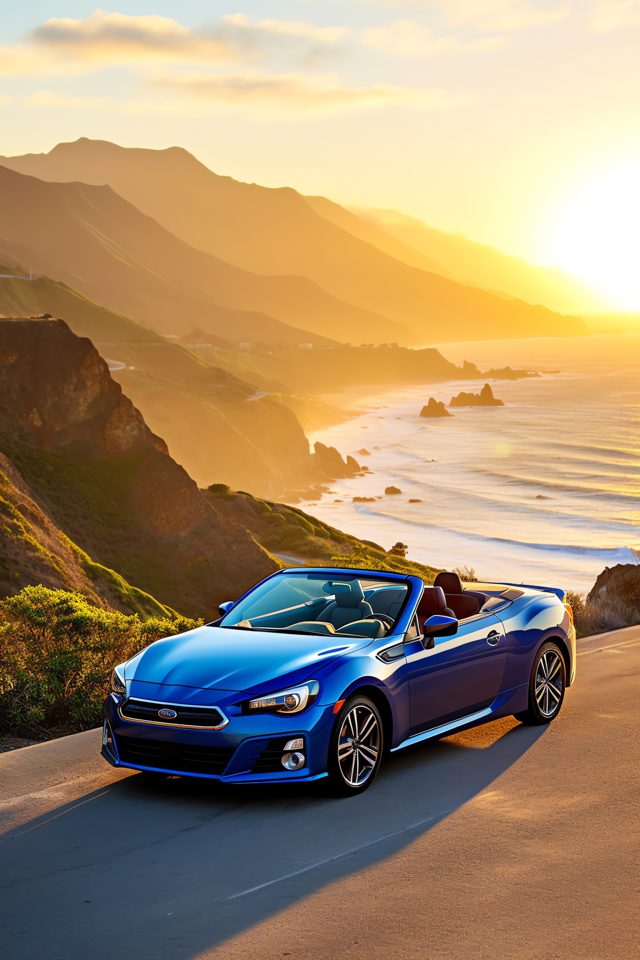 Subaru WRX convertible, California coastline, open-top driving, azure sea panorama, HD Phone Wallpaper
