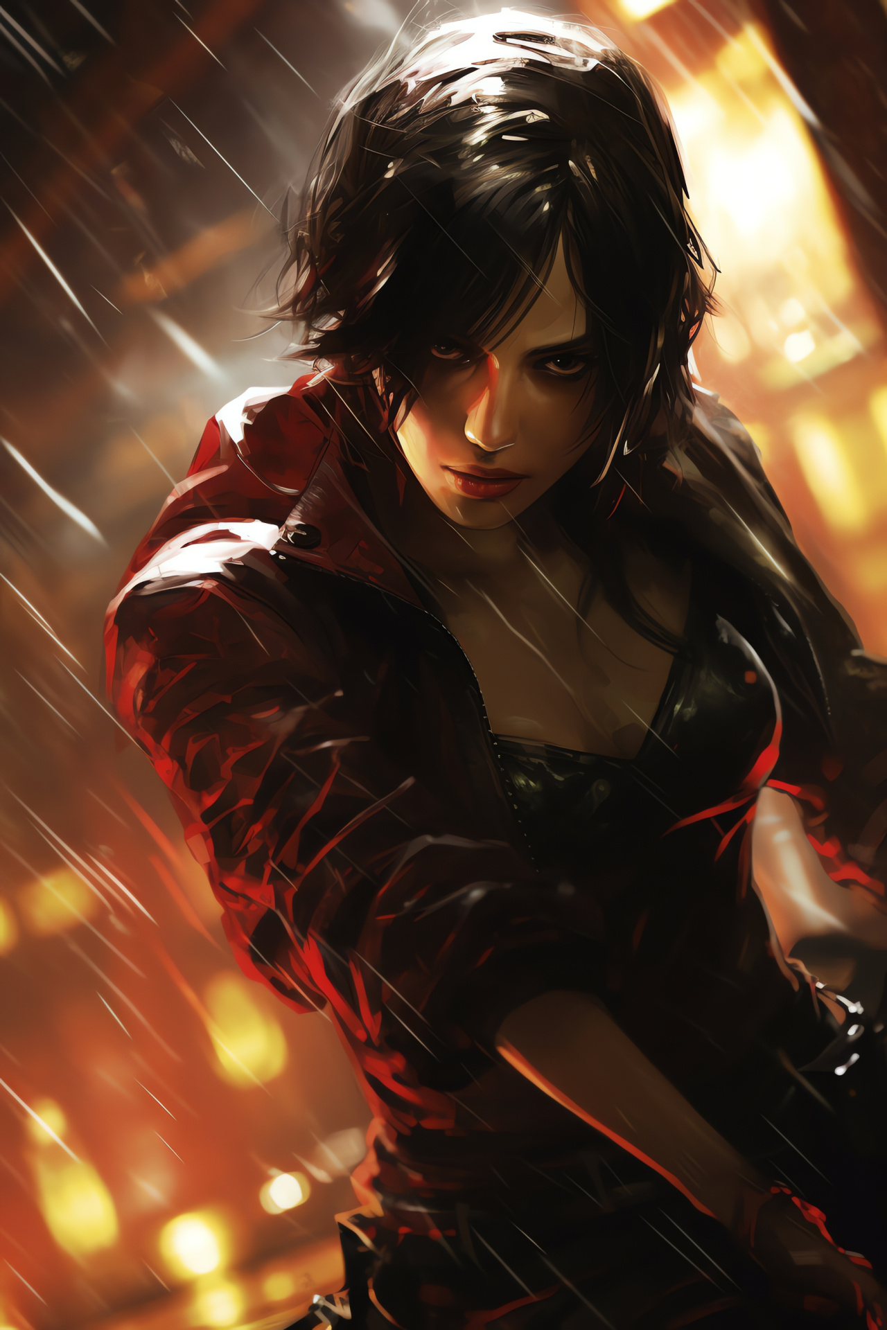 Umbrella Corporation villainy, character Ada Wong, high-stakes sequence, ranged weapon, formidable adversaries, HD Phone Image