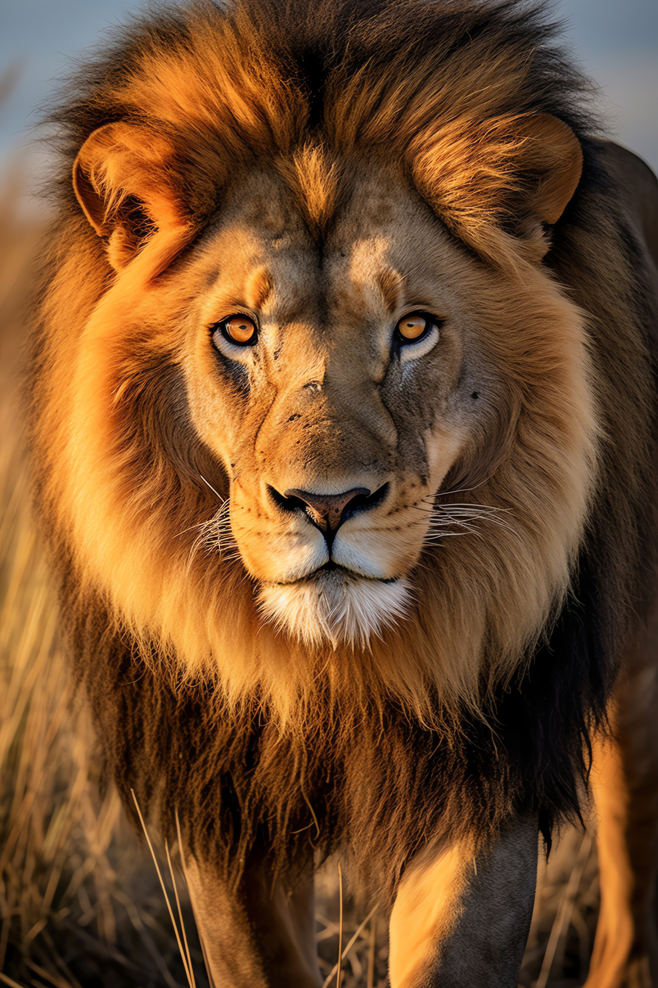 African savanna king, Lion golden orbs, Majestic dark mane, Feline symbol of power, HD Phone Image