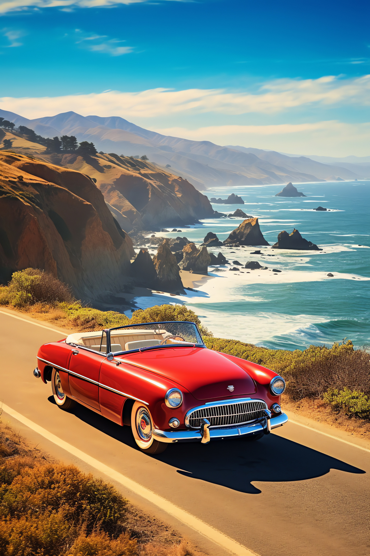 Classic convertible red, California coastal drive, Ocean panoramic scenery, Cliffside journey, Vintage automobile charm, HD Phone Wallpaper