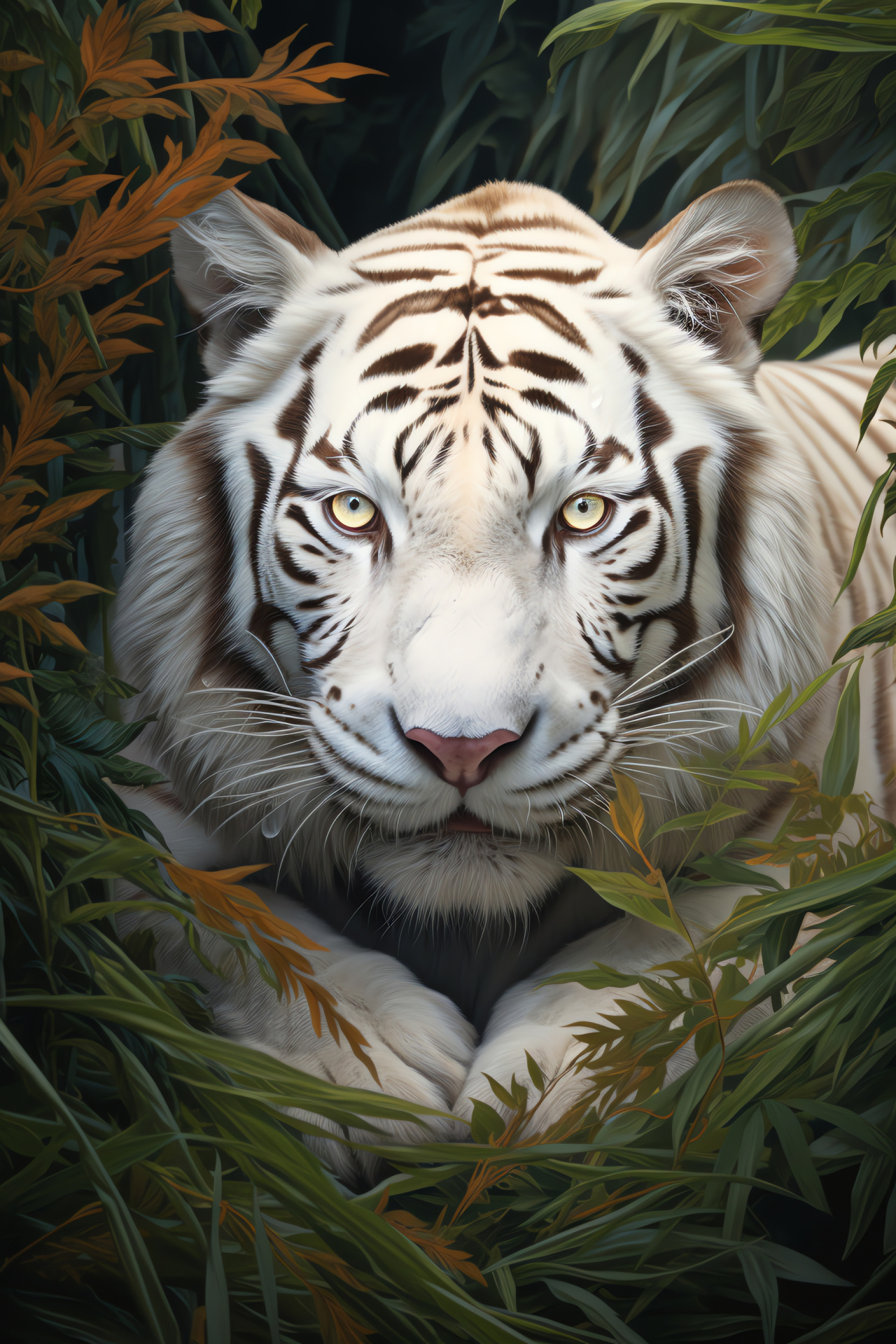 White Tiger, Golden stare, Exotic waters, Lush grotto, Feline grace, HD Phone Image