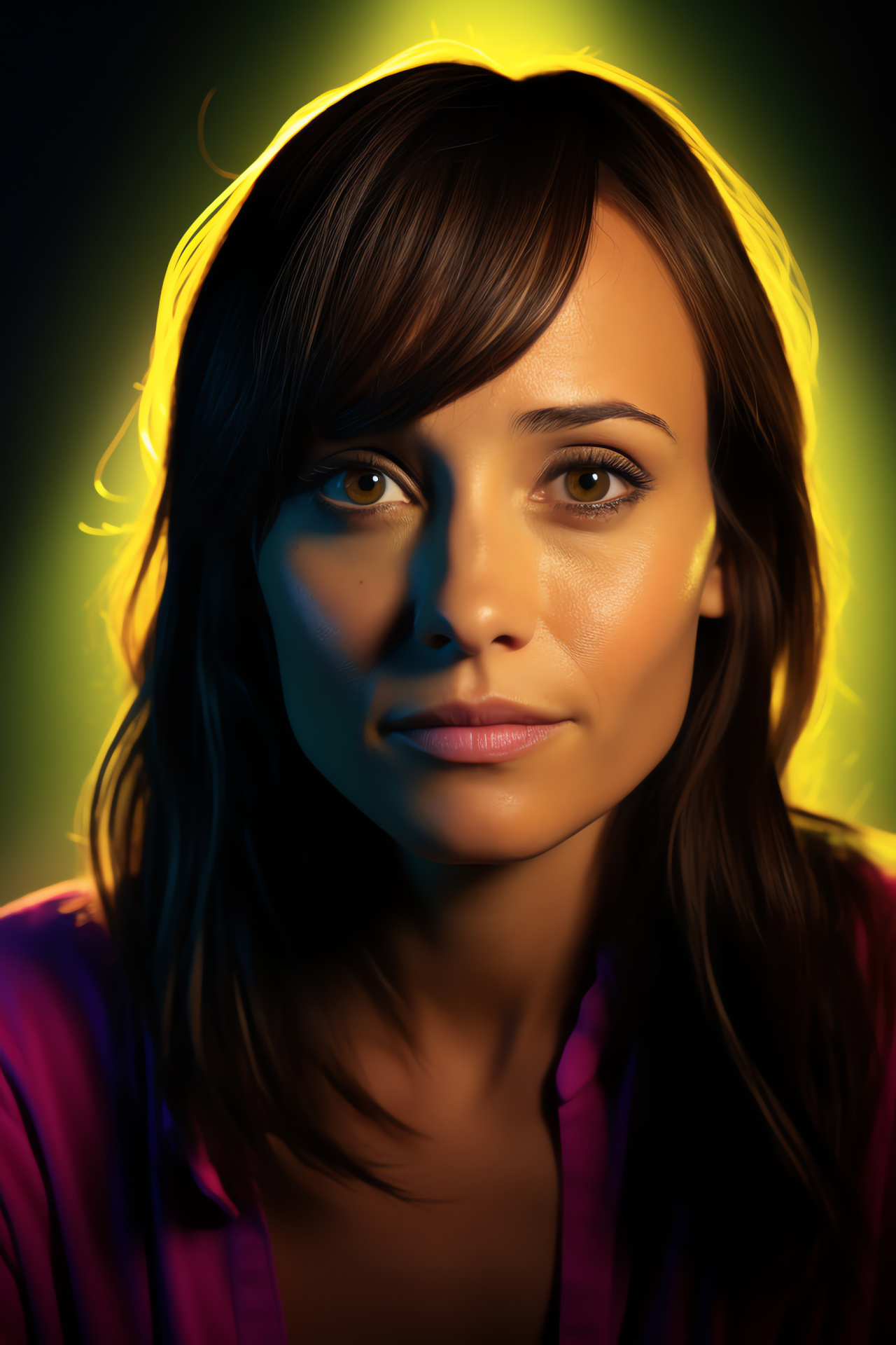 Actress Rashida Jones, Intimate frame shot, Dual-shade backdrop, Intense brown stare, Artistic pose , HD Phone Image