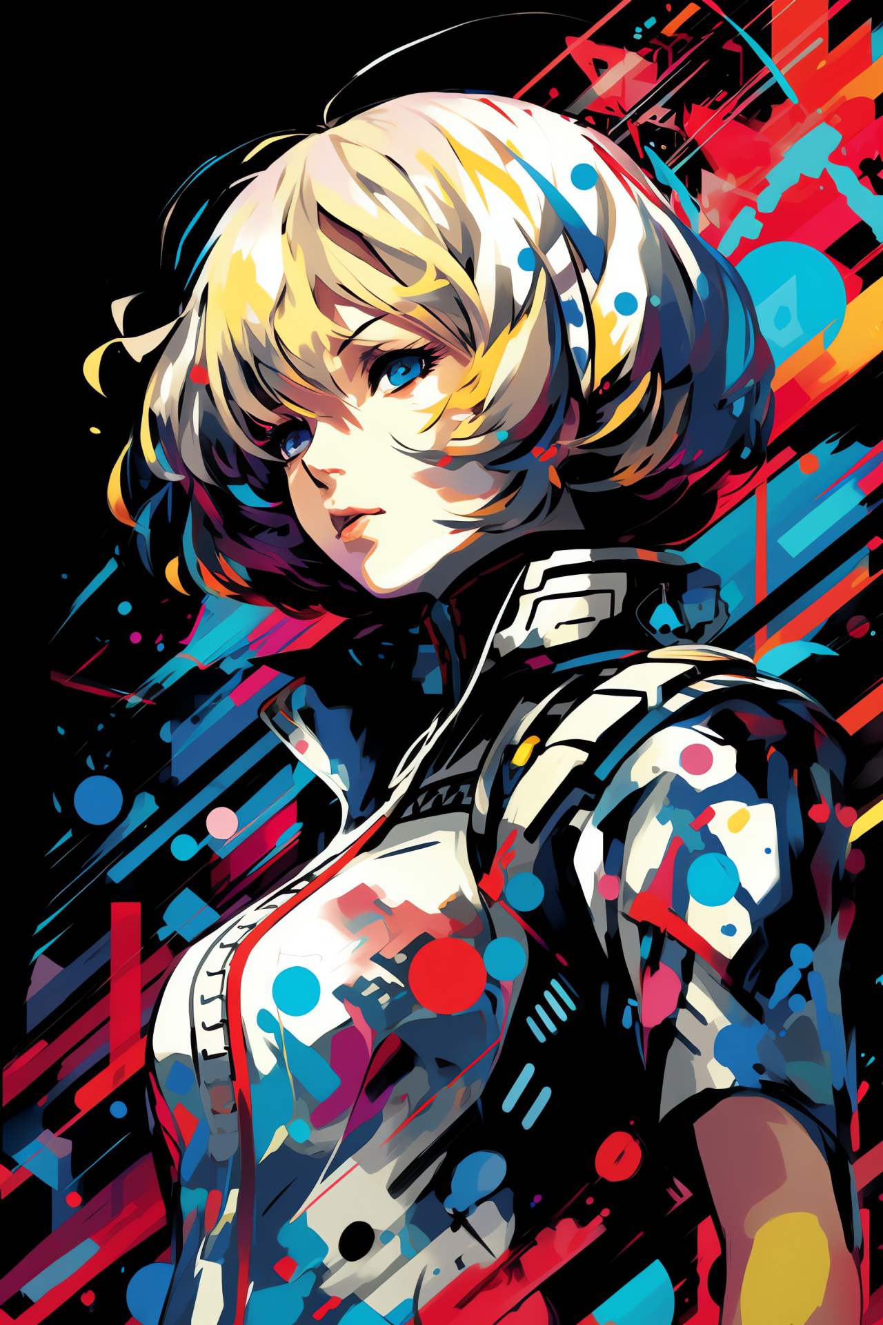 Aigis Palladion form, Persona 3 content, Stoic blue-eyed expression, Neon light radiance, Mecha-inspired design, HD Phone Image