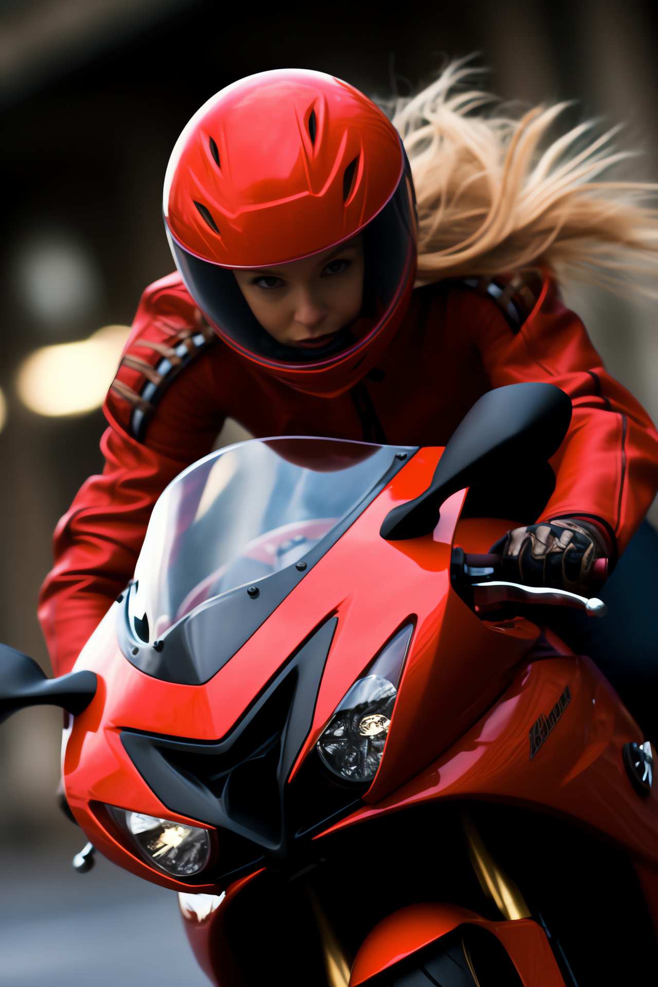 Female rider sportbike, Red leather motorcycle attire, Sharp turn adventure, Winding roads journey, Motorbike action, HD Phone Image