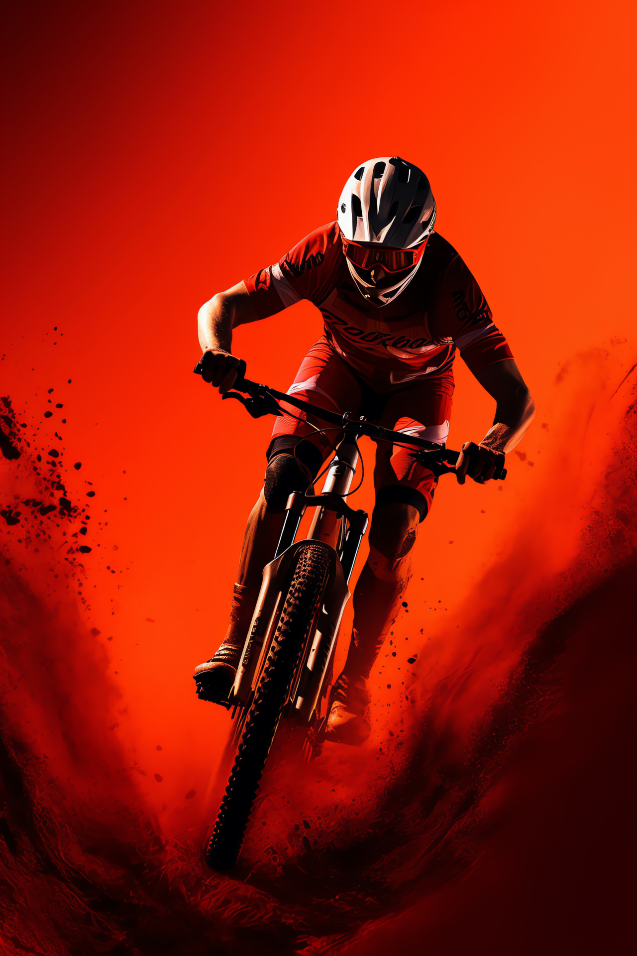 MTB professional, Dynamic biking, Radiant red background, Sport contrast, Intense competition, HD Phone Image