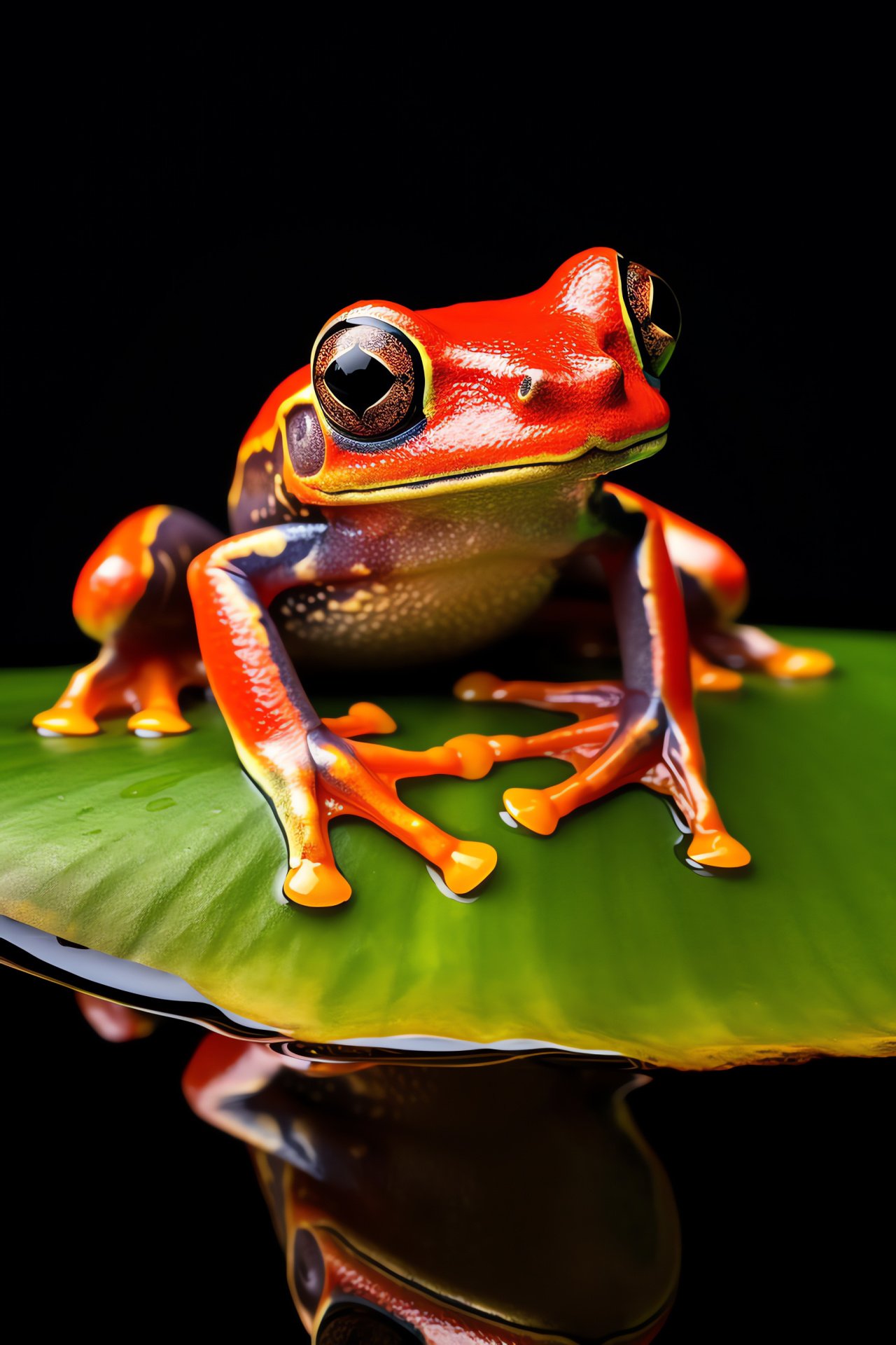 Amphibian with markings, Orange-black Tree Frog, Lily pad habitat, Glossy frog skin, Detailed amphibians, HD Phone Image